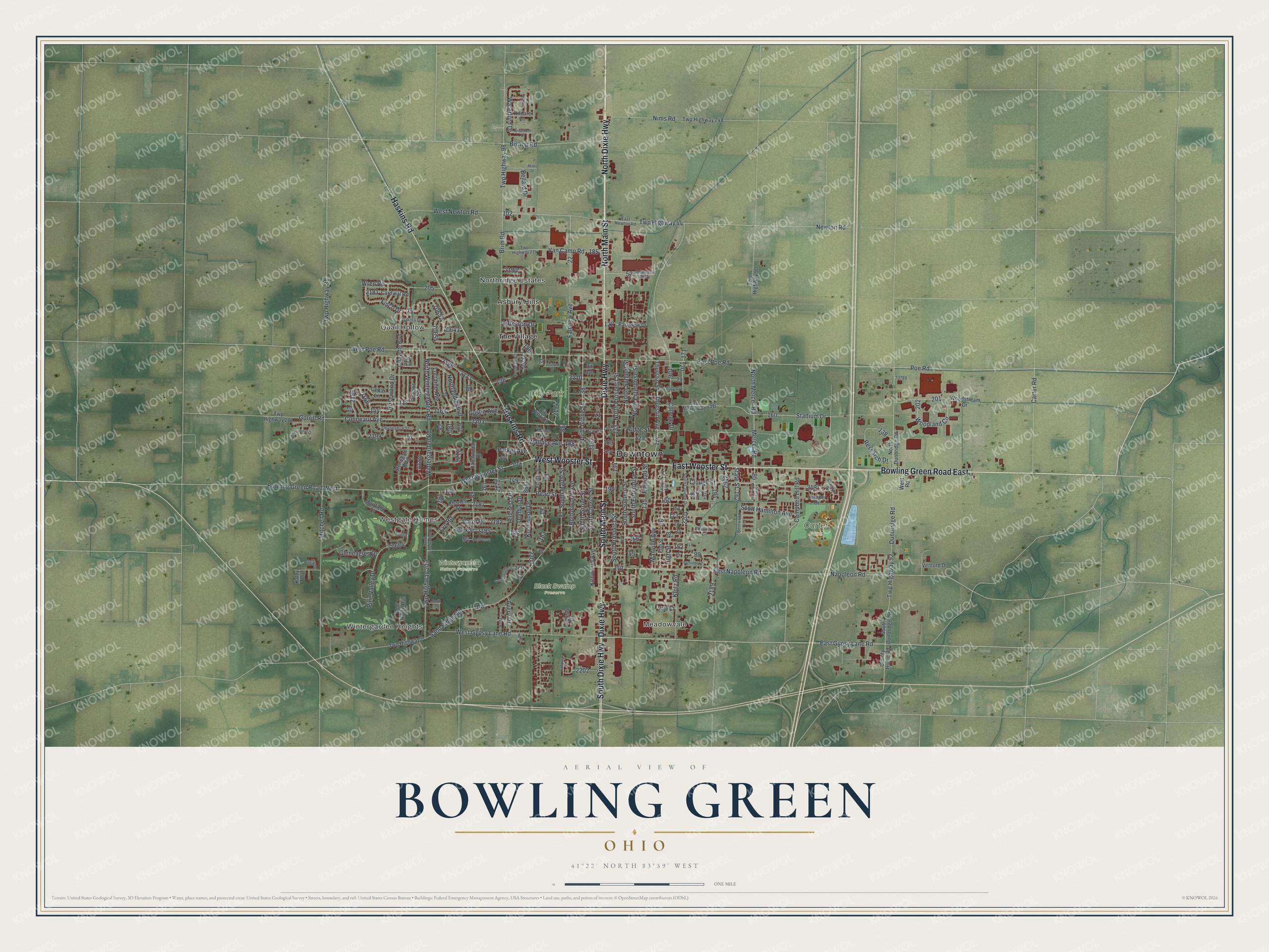 Full map of Bowling Green, Ohio, with red buildings, printed street names and the land around them
