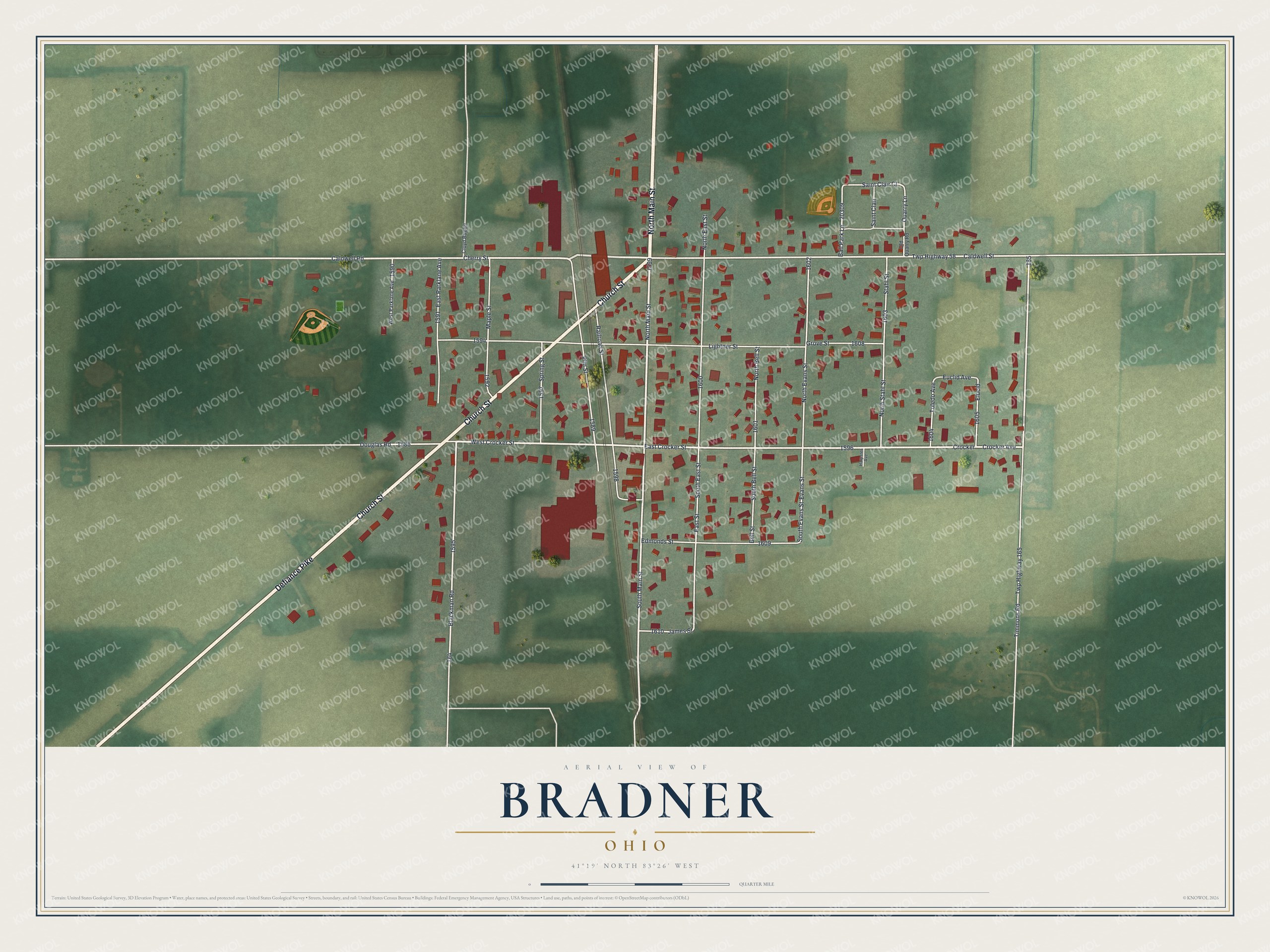 Full map of Bradner, Ohio, with red buildings, printed street names and the land around them