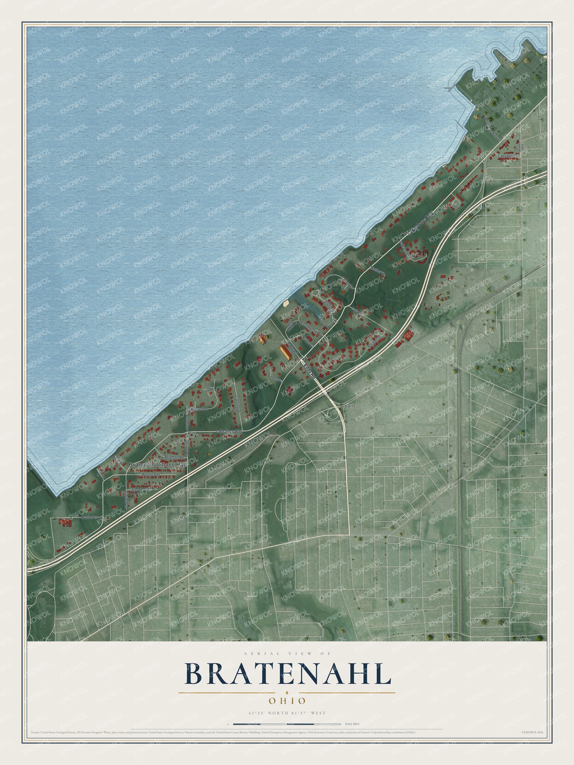 Full map of Bratenahl, Ohio, with red buildings, printed street names and the land around them