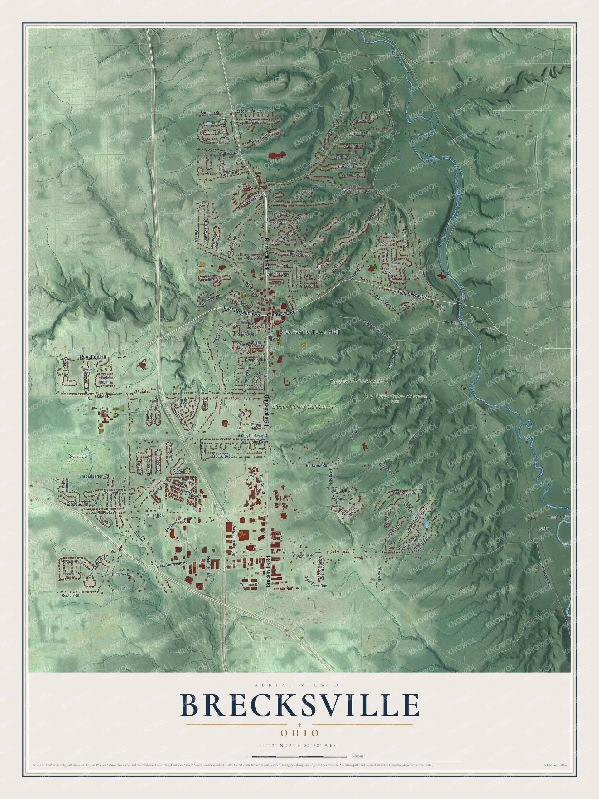 Aerial map of Brecksville, Ohio, with green shaded hills, red buildings along Brecksville Road and a winding blue river on the right side