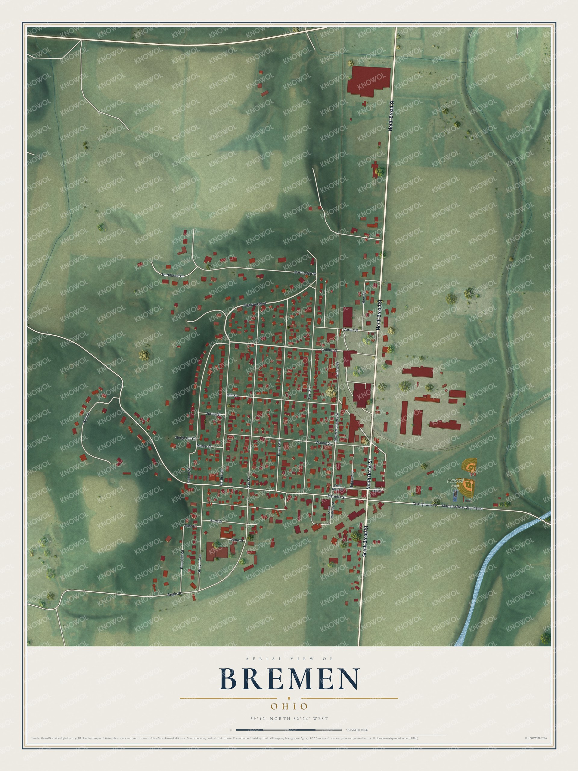 Full map of Bremen, Ohio, with red buildings, printed street names and the land around them