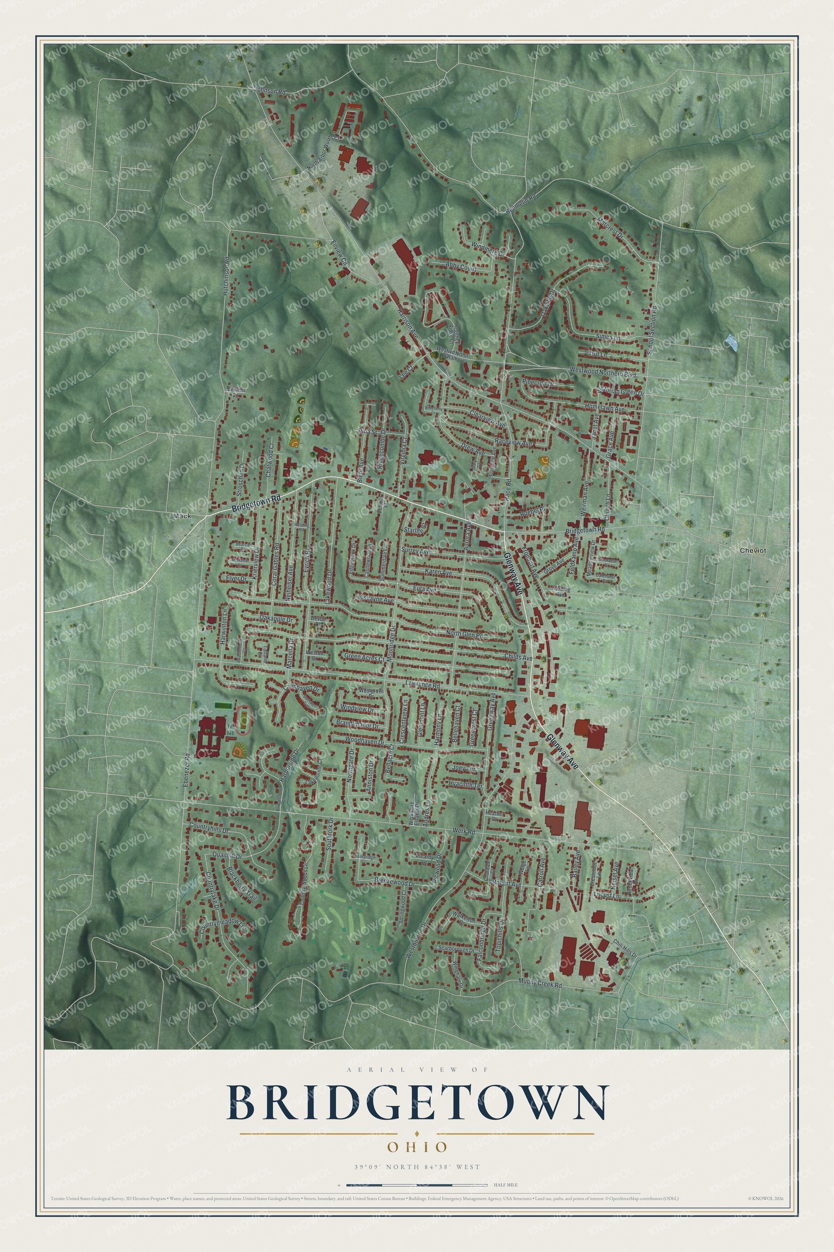 Full map of Bridgetown, Ohio, with red buildings, printed street names and the land around them