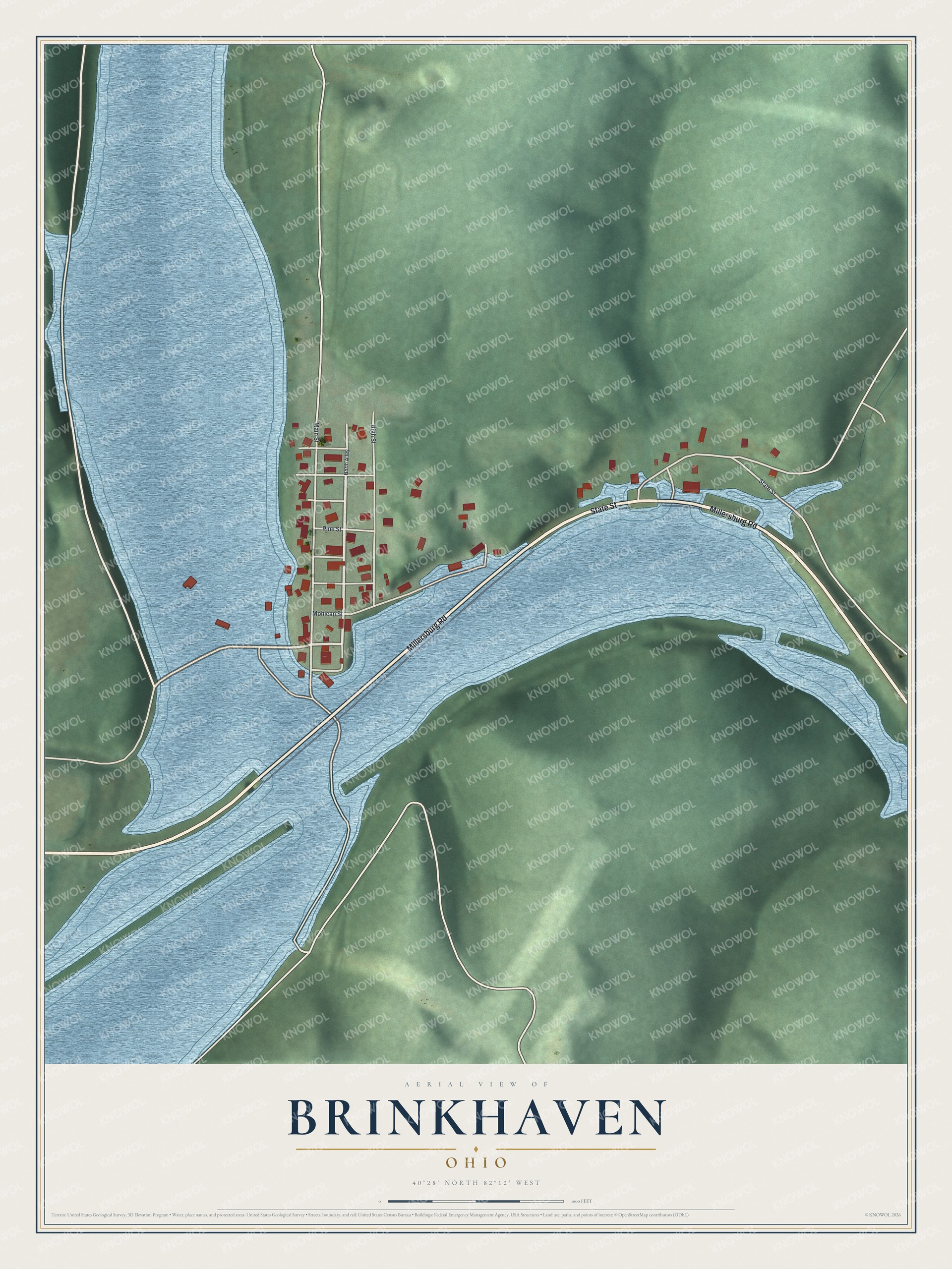 Full map of Brinkhaven, Ohio, with red buildings, printed street names and the land around them