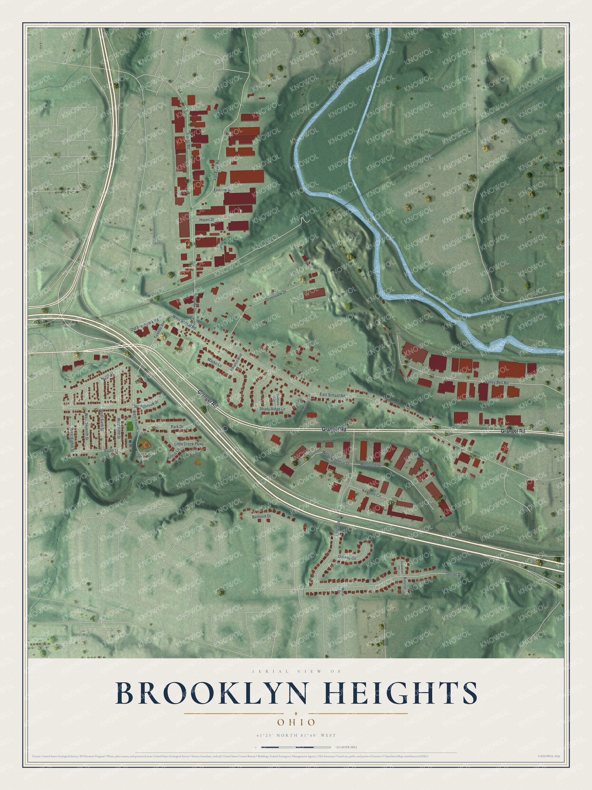 Full map of Brooklyn Heights, Ohio, with red buildings, printed street names and the land around them