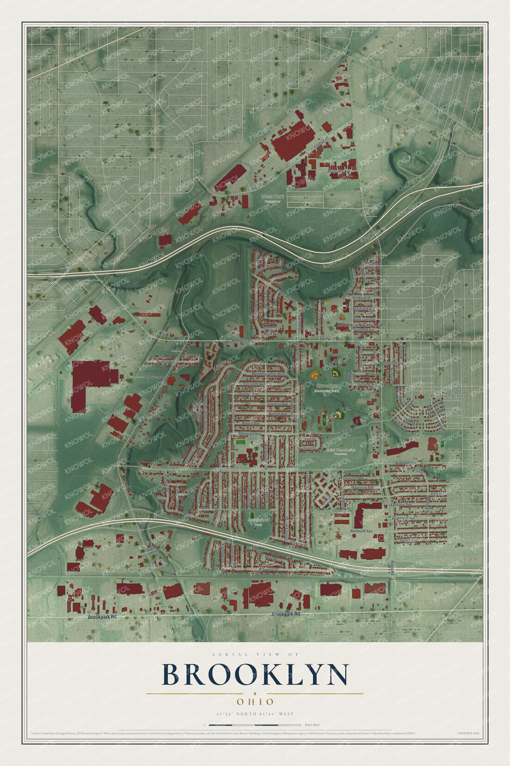 Full map of Brooklyn, Ohio, with red buildings, printed street names and the land around them