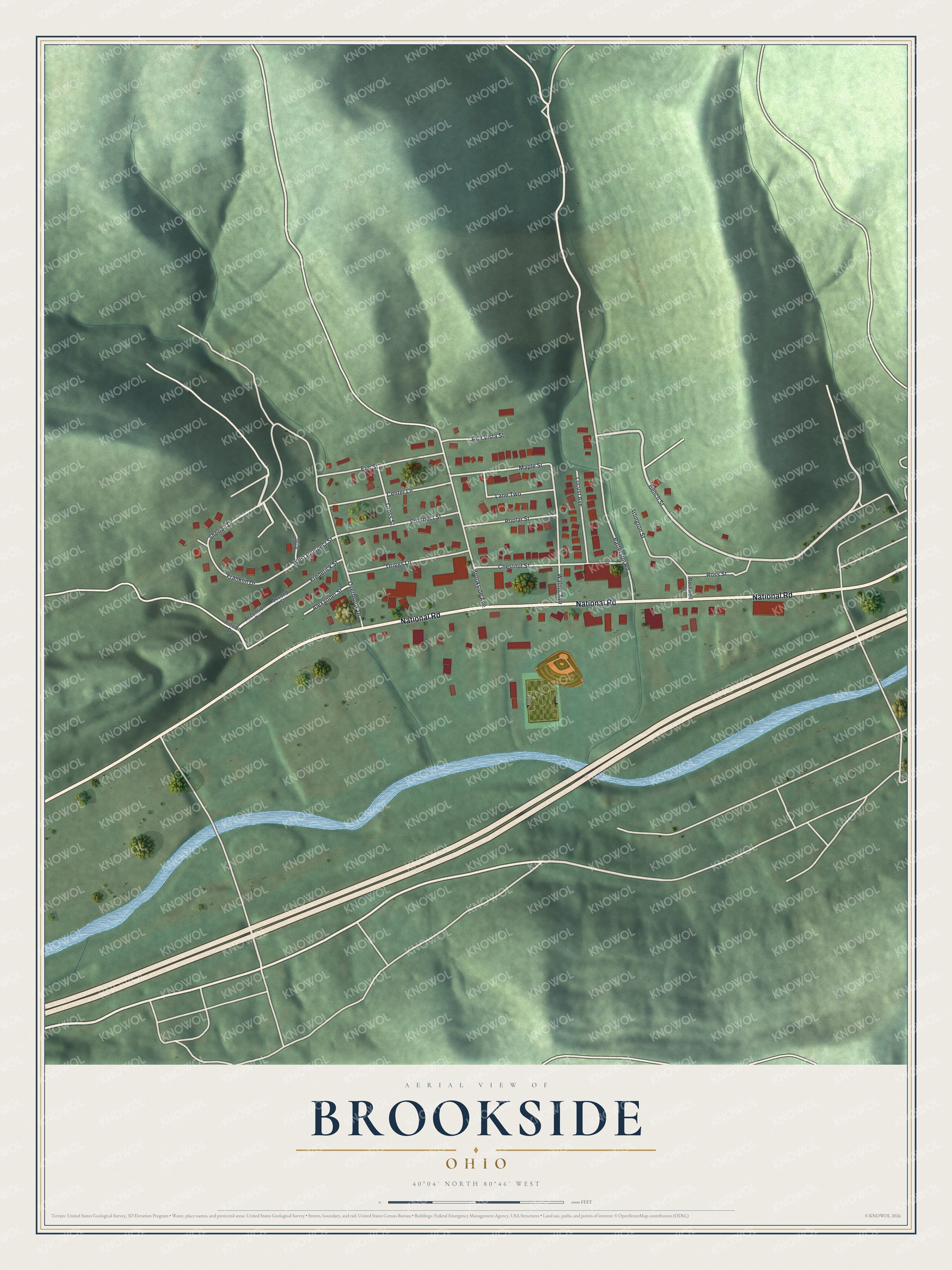 Full map of Brookside, Ohio, with red buildings, printed street names and the land around them