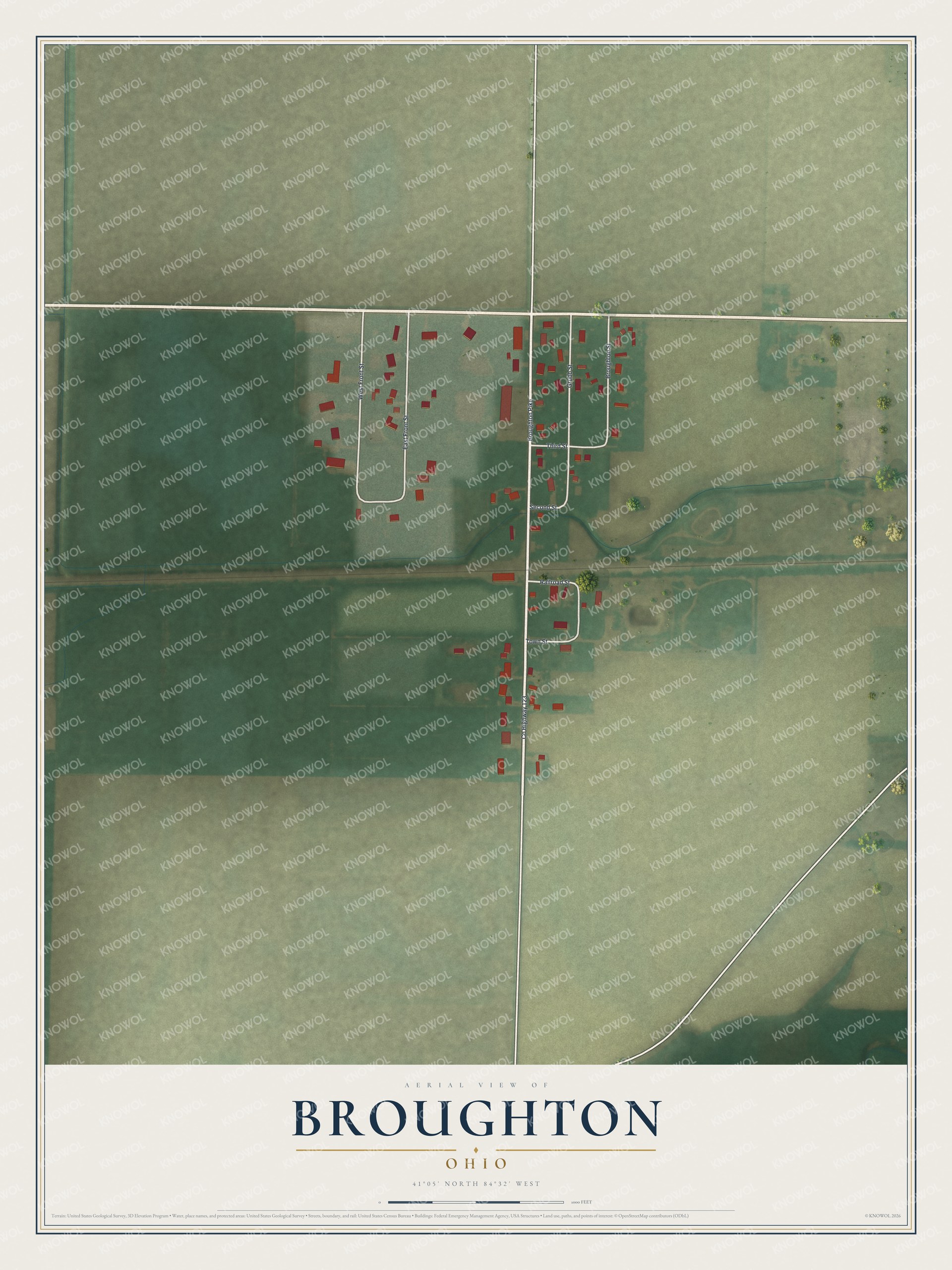Full map of Broughton, Ohio, with red buildings, printed street names and the land around them
