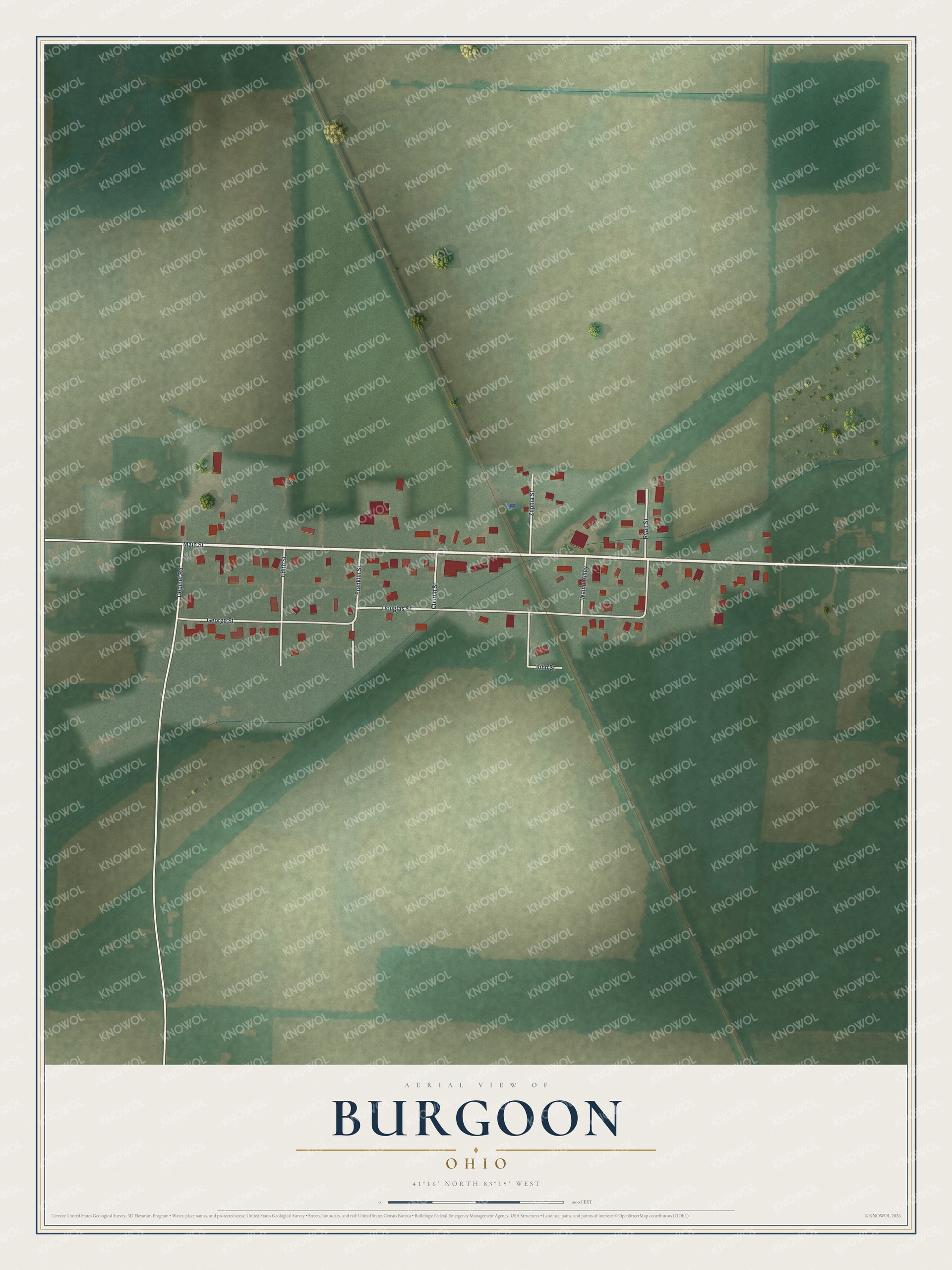 Full map of Burgoon, Ohio, with red buildings, printed street names and the land around them