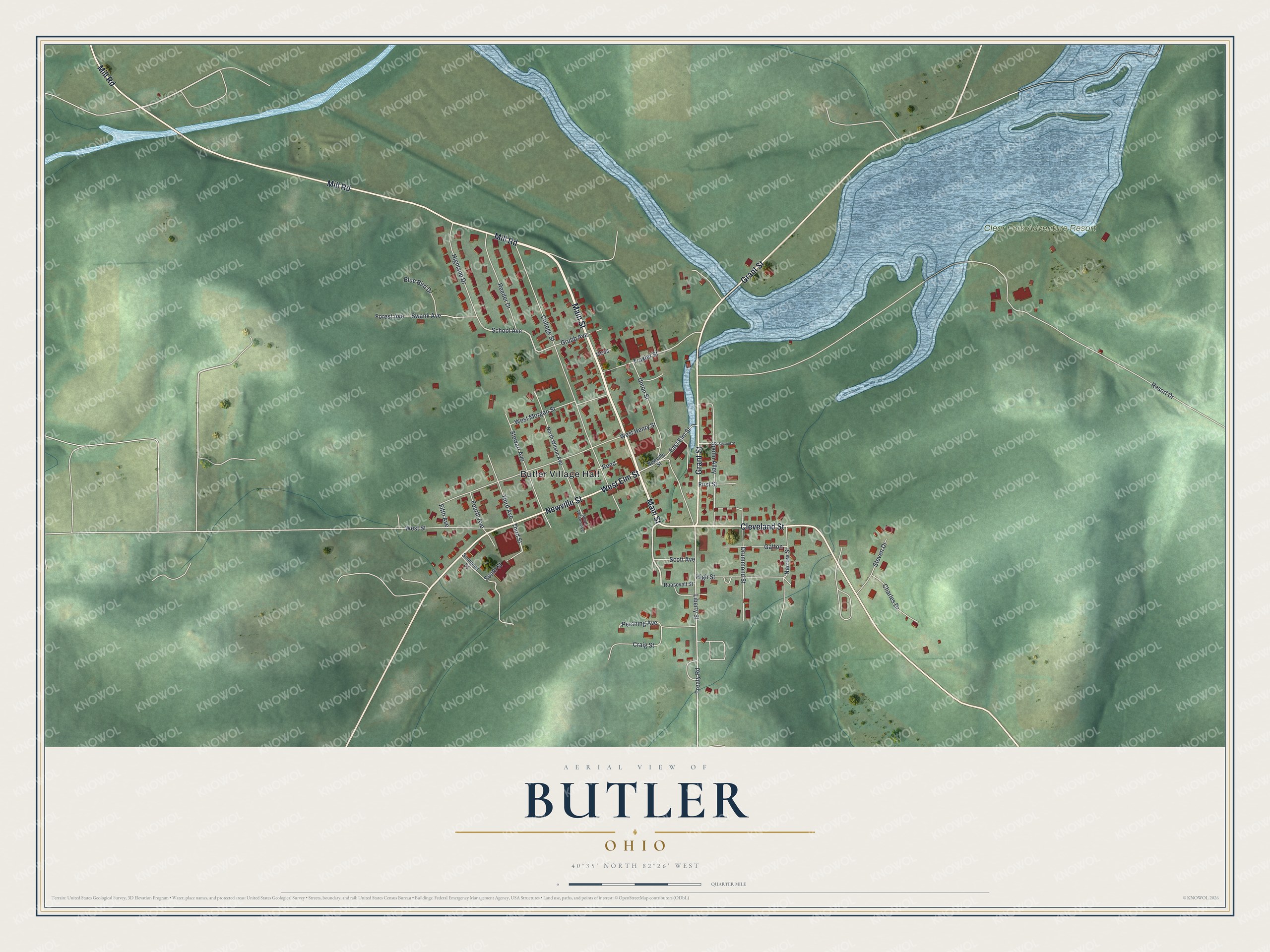 Full map of Butler, Ohio, with red buildings, printed street names and the land around them