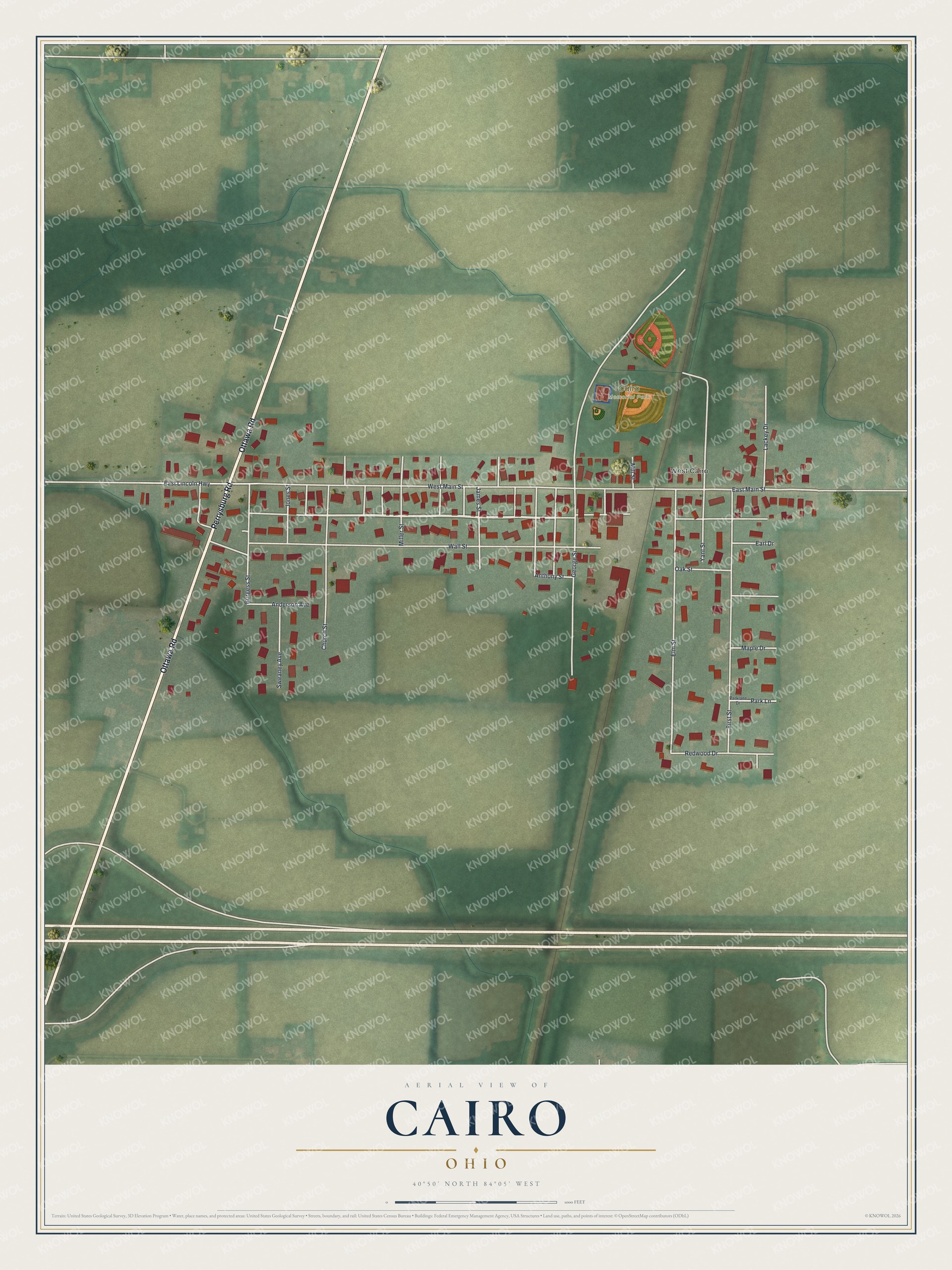 Full map of Cairo, Ohio, with red buildings, printed street names and the land around them