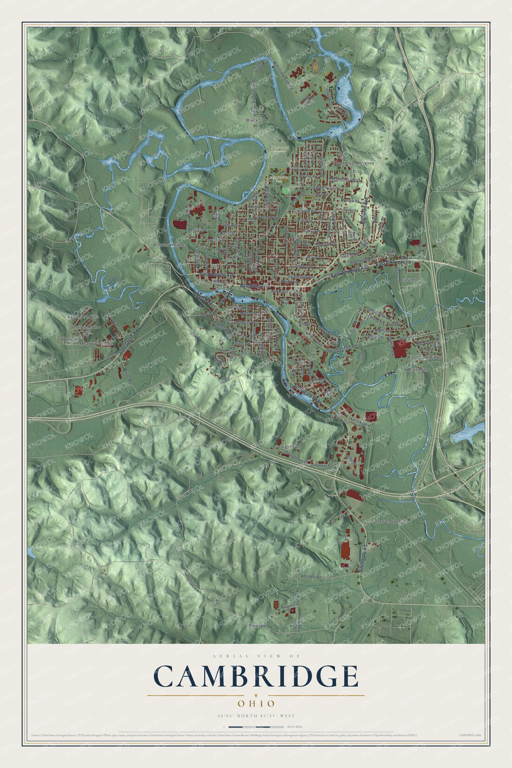 Aerial view map of Cambridge, Ohio, with red buildings, a looping blue creek and green shaded hills