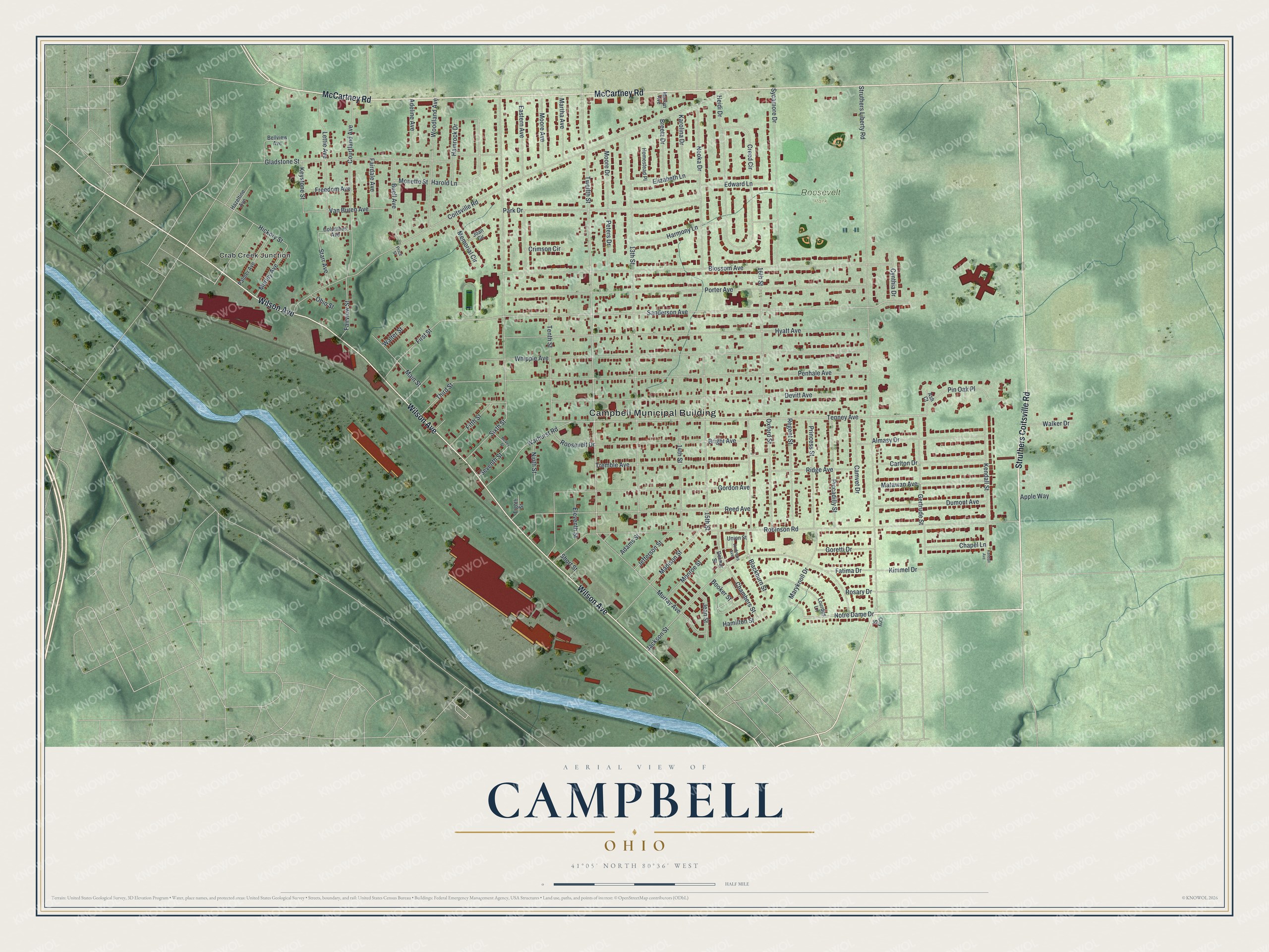 Full map of Campbell, Ohio, with red buildings, printed street names and the land around them