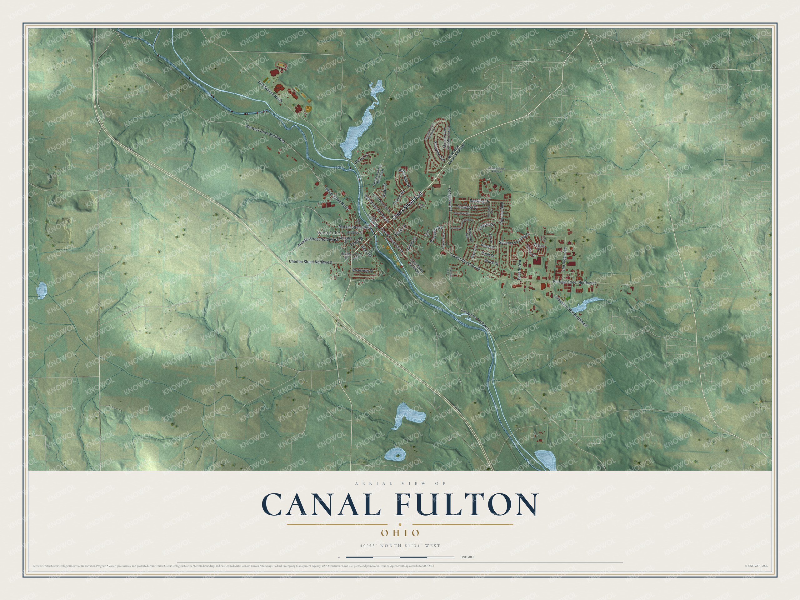 Full map of Canal Fulton, Ohio, with red buildings, printed street names and the land around them