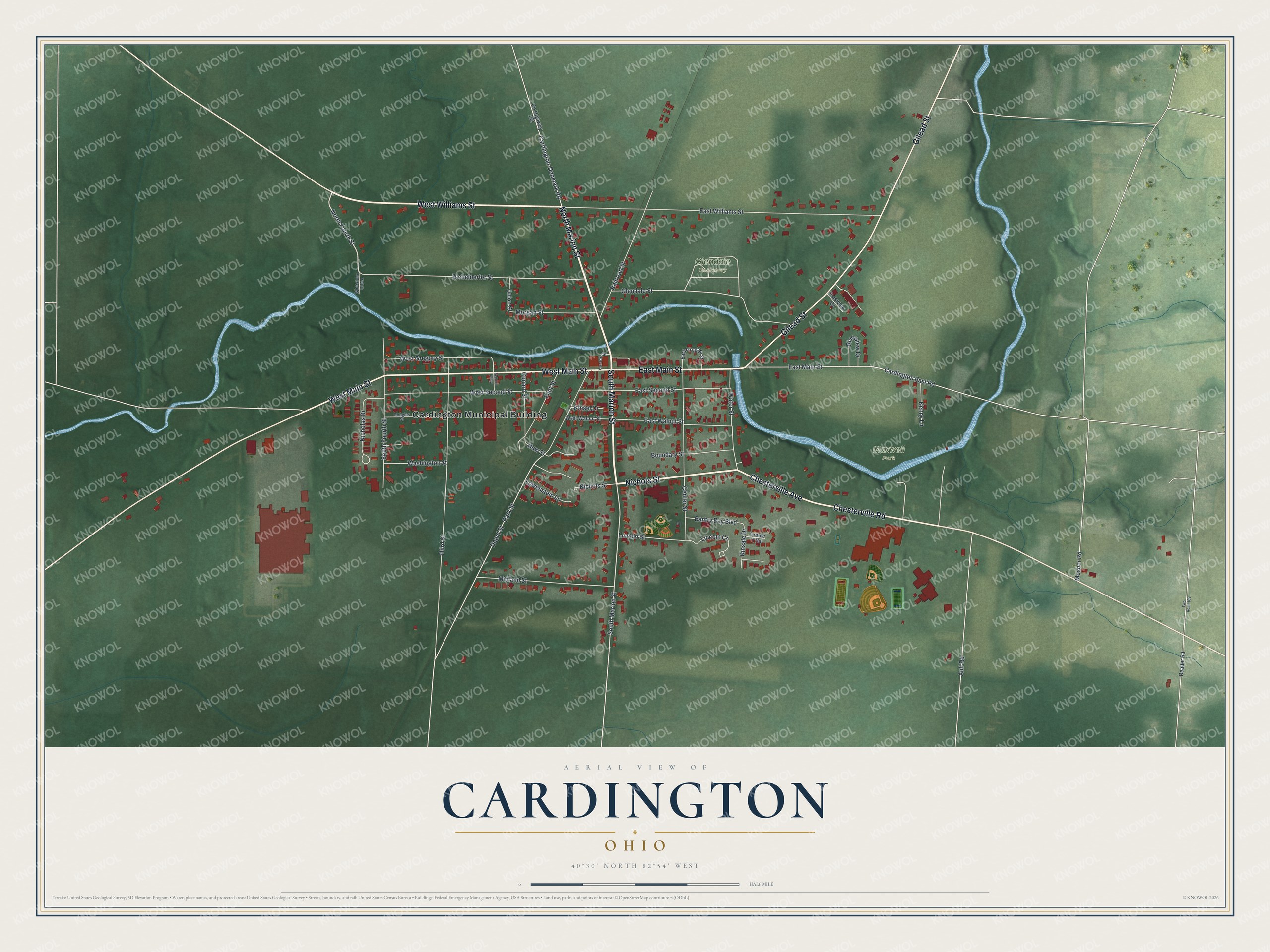 Full map of Cardington, Ohio, with red buildings, printed street names and the land around them