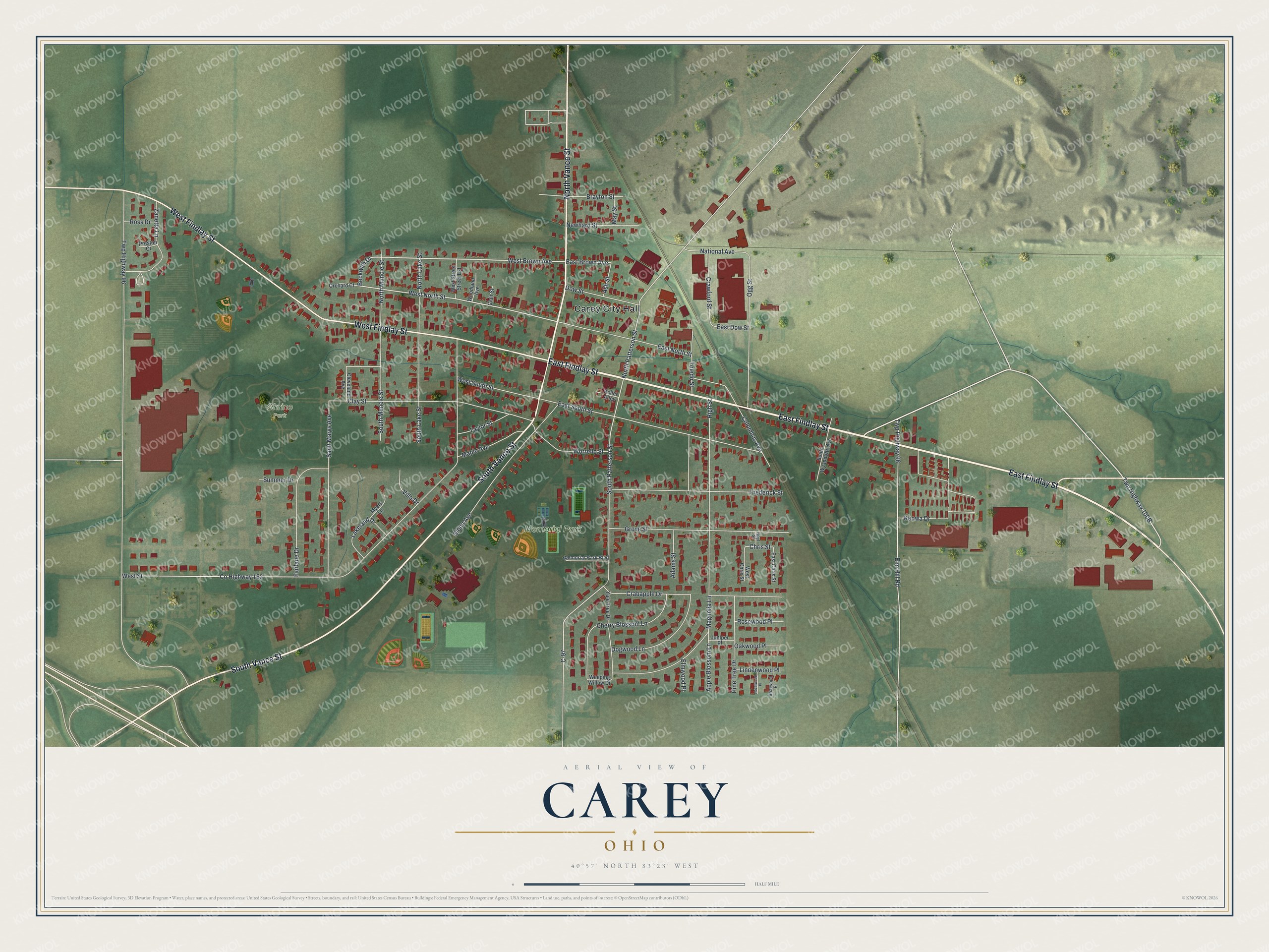 Full map of Carey, Ohio, with red buildings, printed street names and the land around them