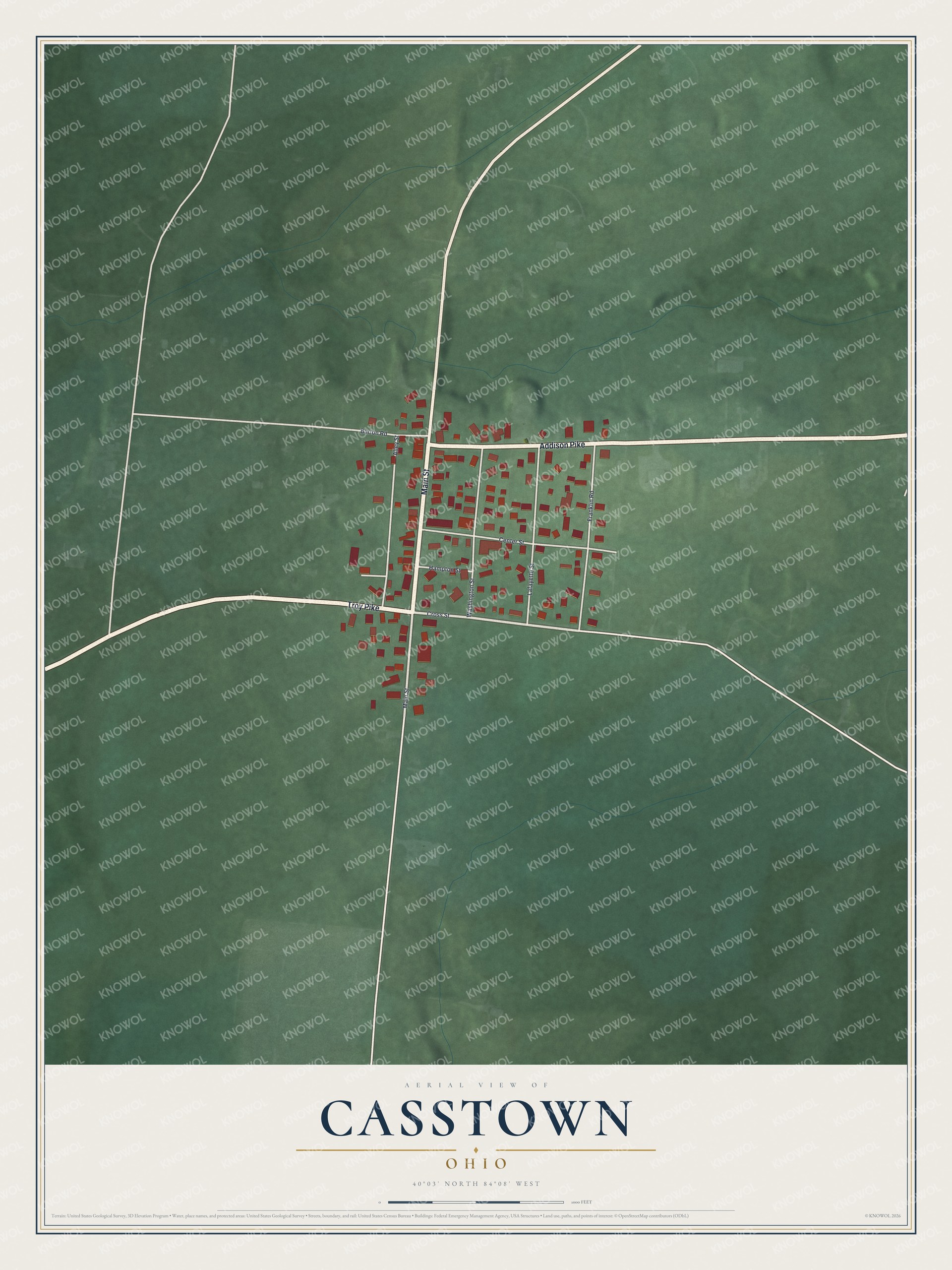 Full map of Casstown, Ohio, with red buildings, printed street names and the land around them