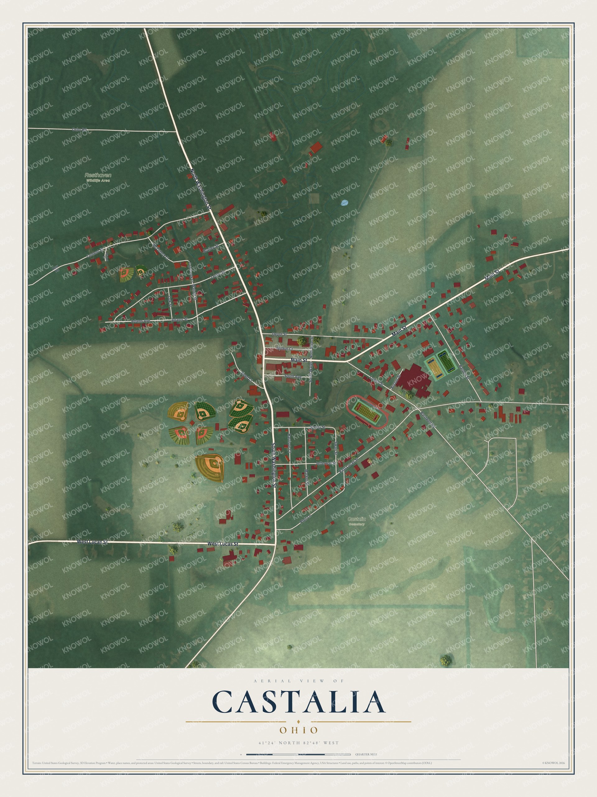 Full map of Castalia, Ohio, with red buildings, printed street names and the land around them