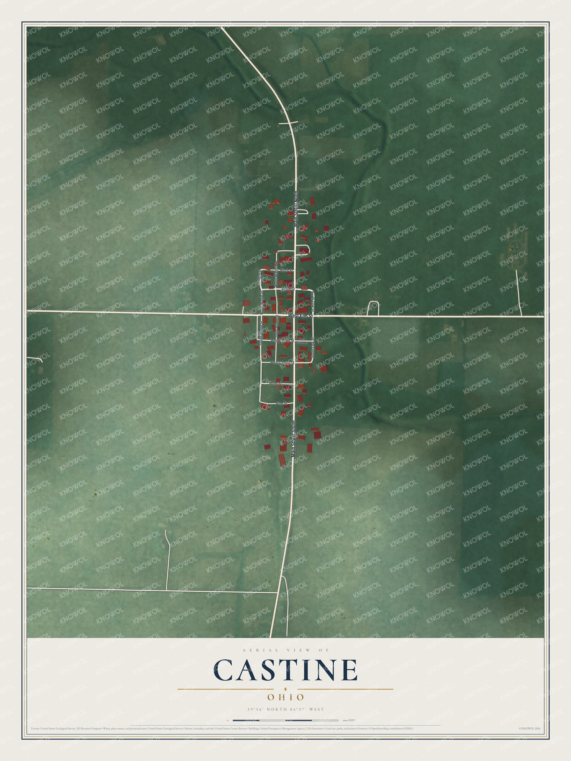 Full map of Castine, Ohio, with red buildings, printed street names and the land around them