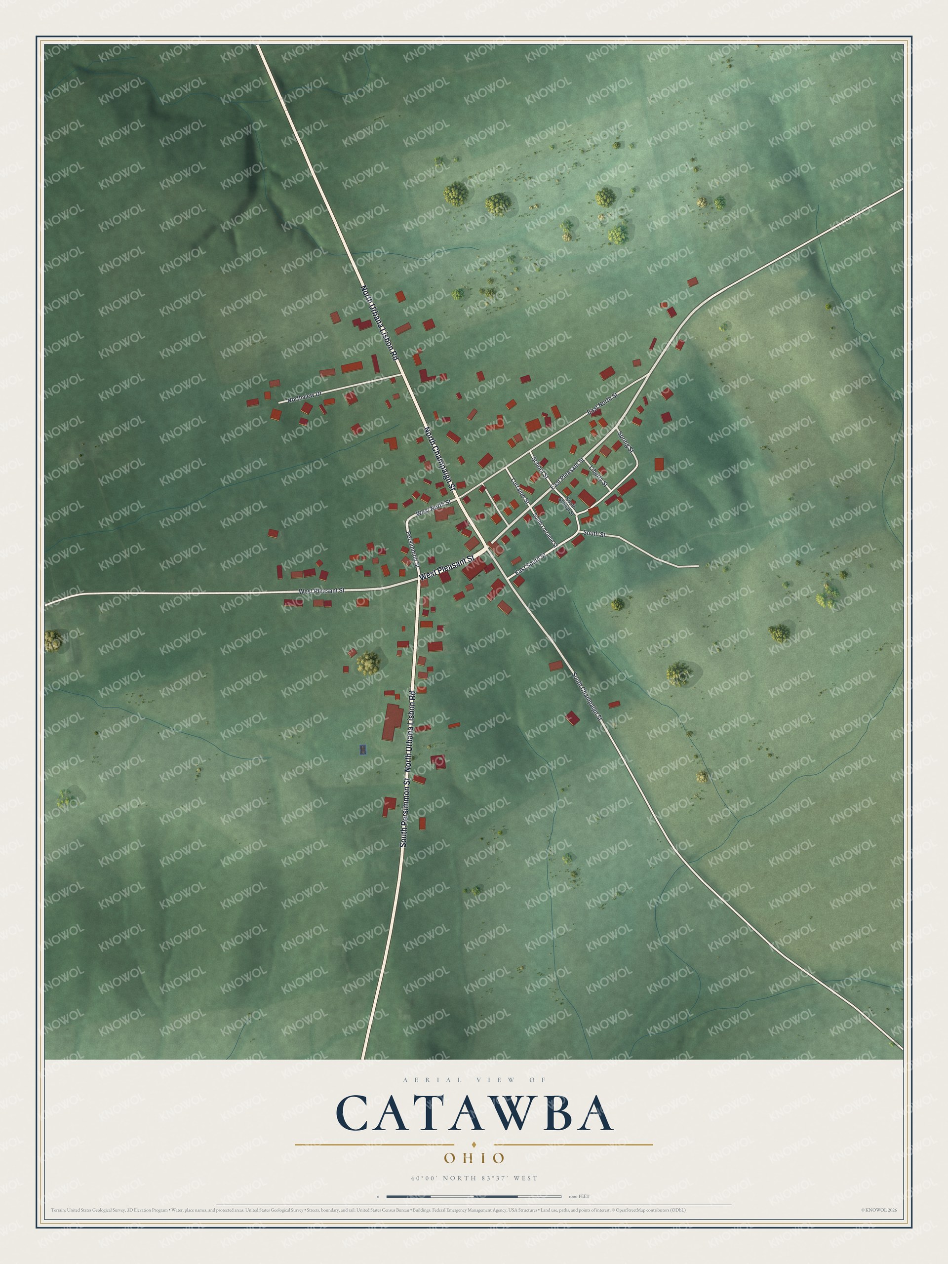 Full map of Catawba, Ohio, with red buildings, printed street names and the land around them
