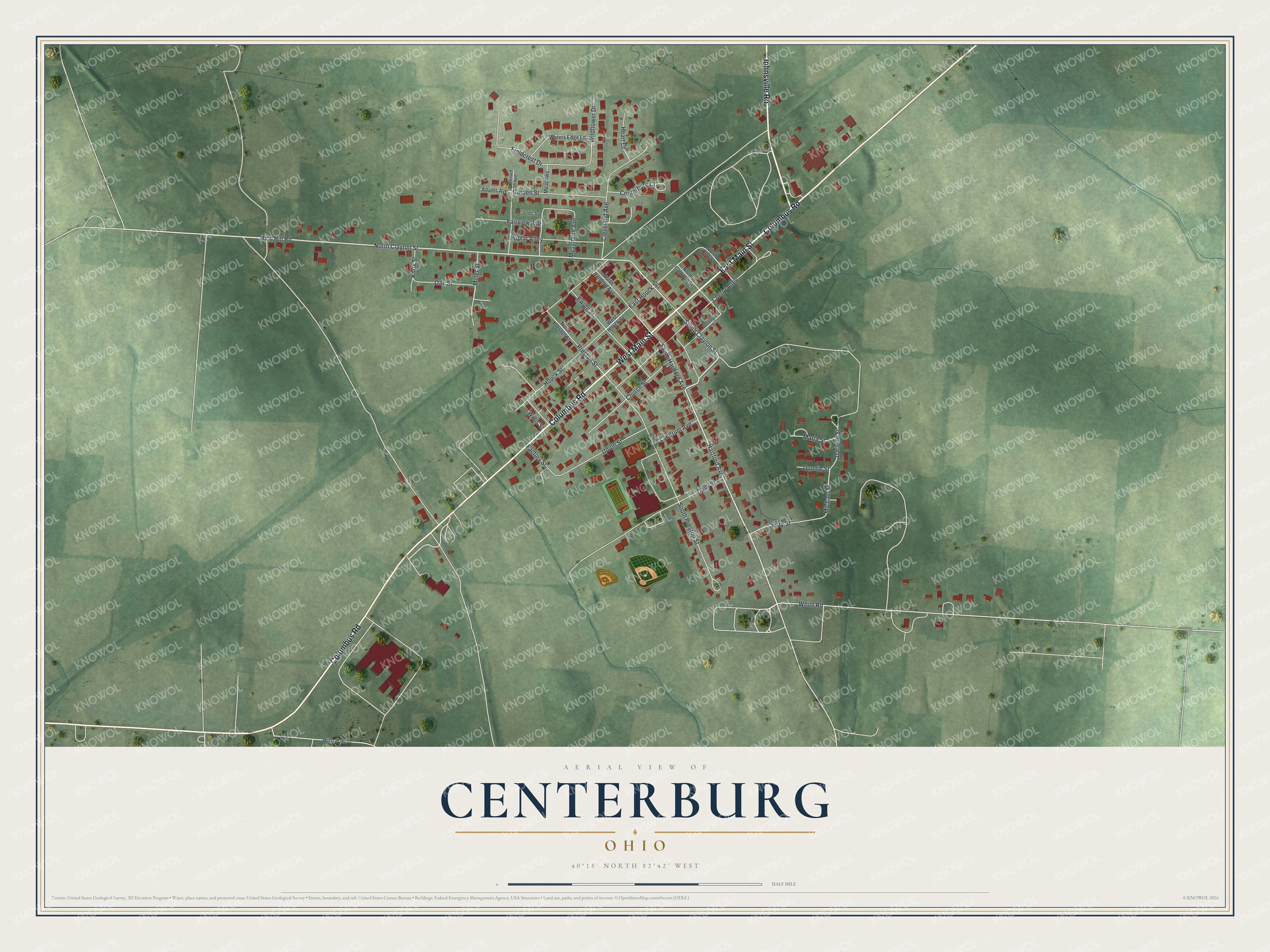 Full map of Centerburg, Ohio, with red buildings, printed street names and the land around them