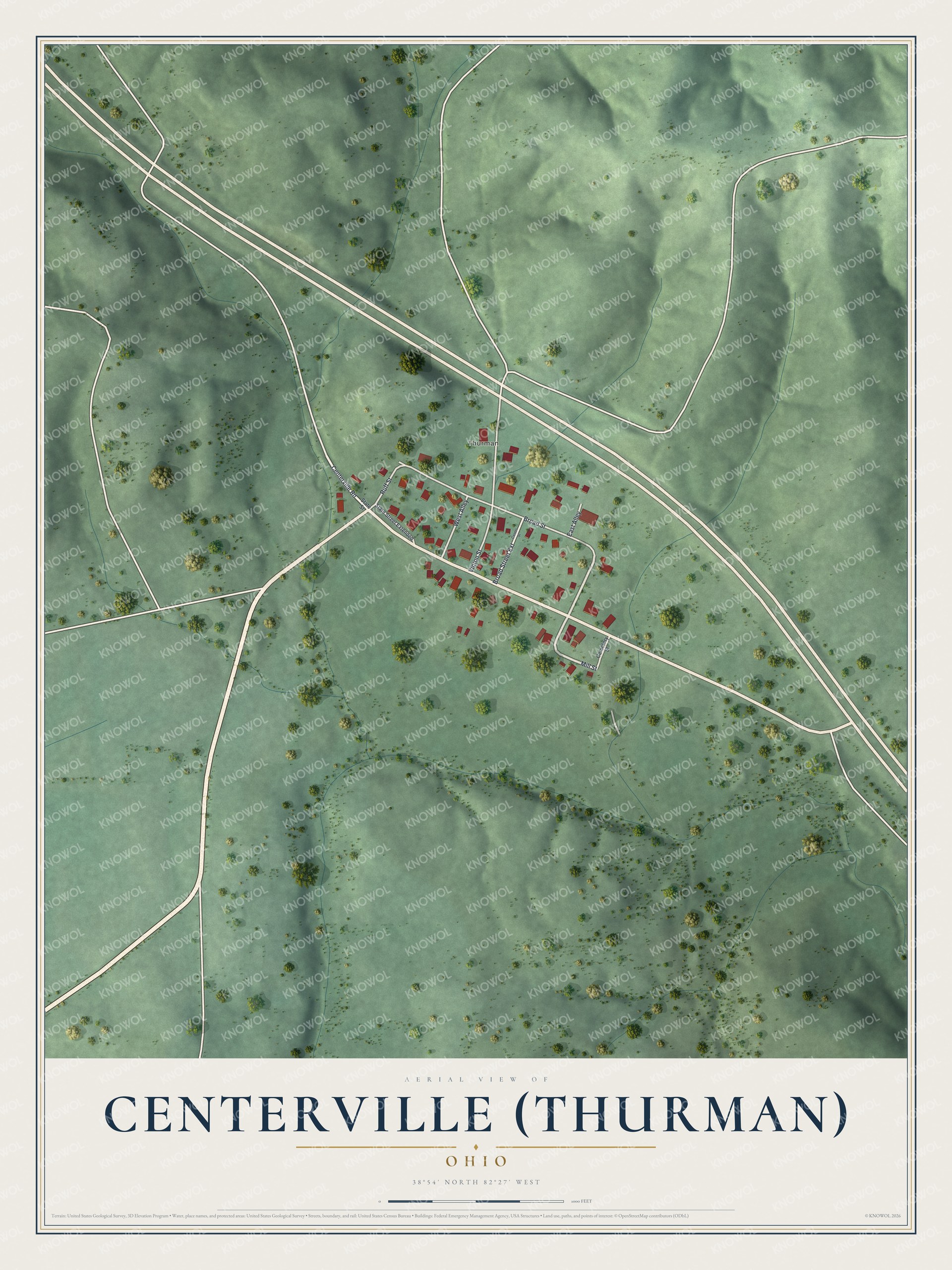 Full map of Centerville (Thurman), Ohio, with red buildings, printed street names and the land around them
