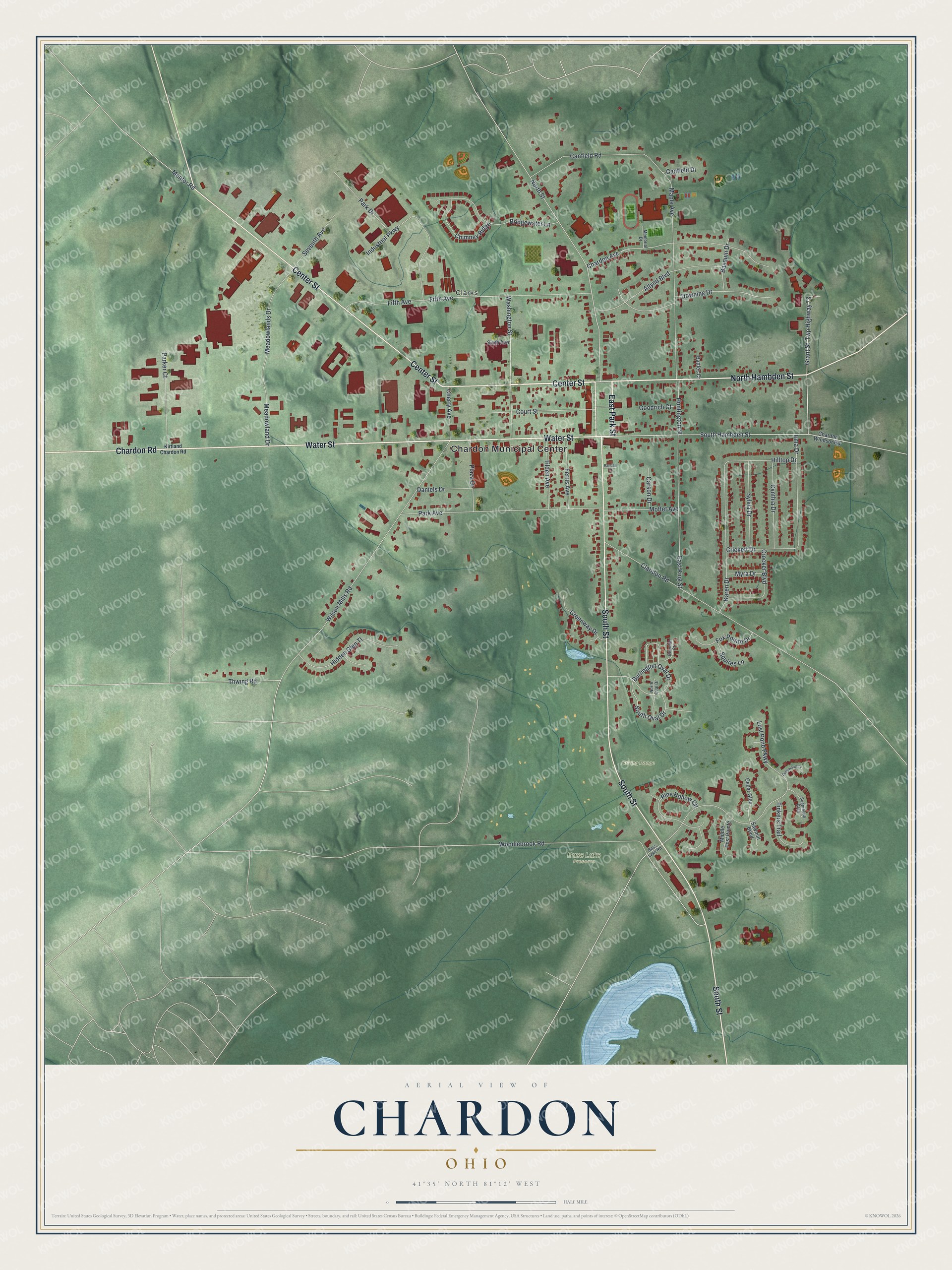 Full map of Chardon, Ohio, with red buildings, printed street names and the land around them