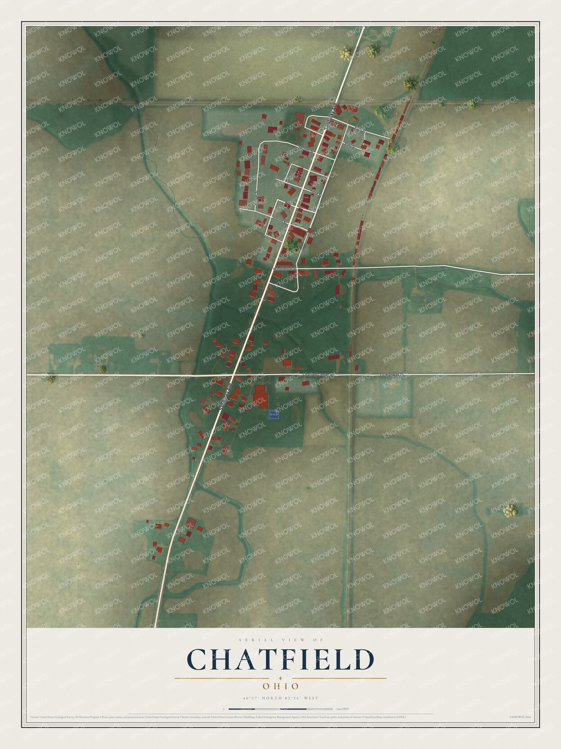 Full map of Chatfield, Ohio, with red buildings, printed street names and the land around them