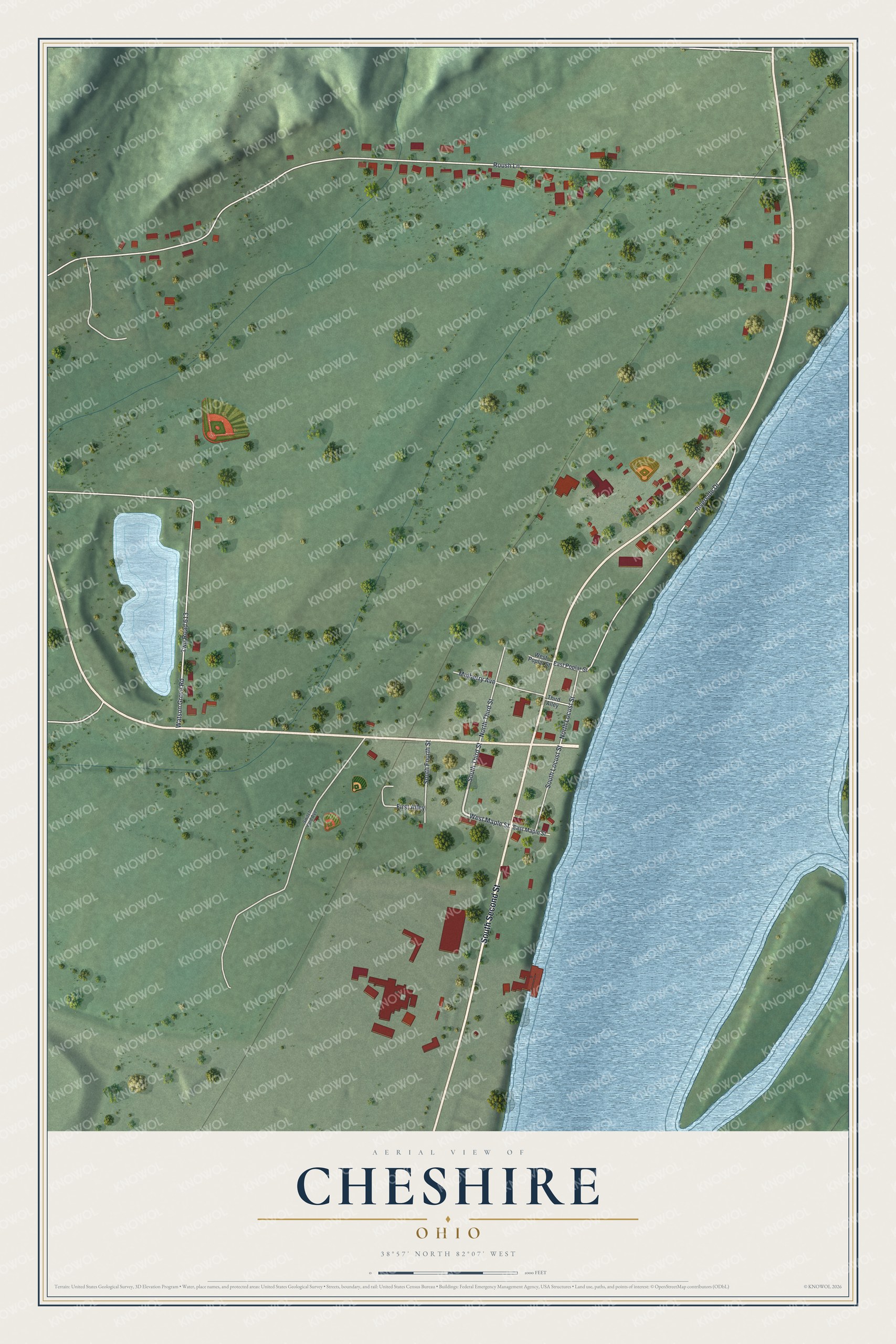 Full map of Cheshire, Ohio, with red buildings, printed street names and the land around them