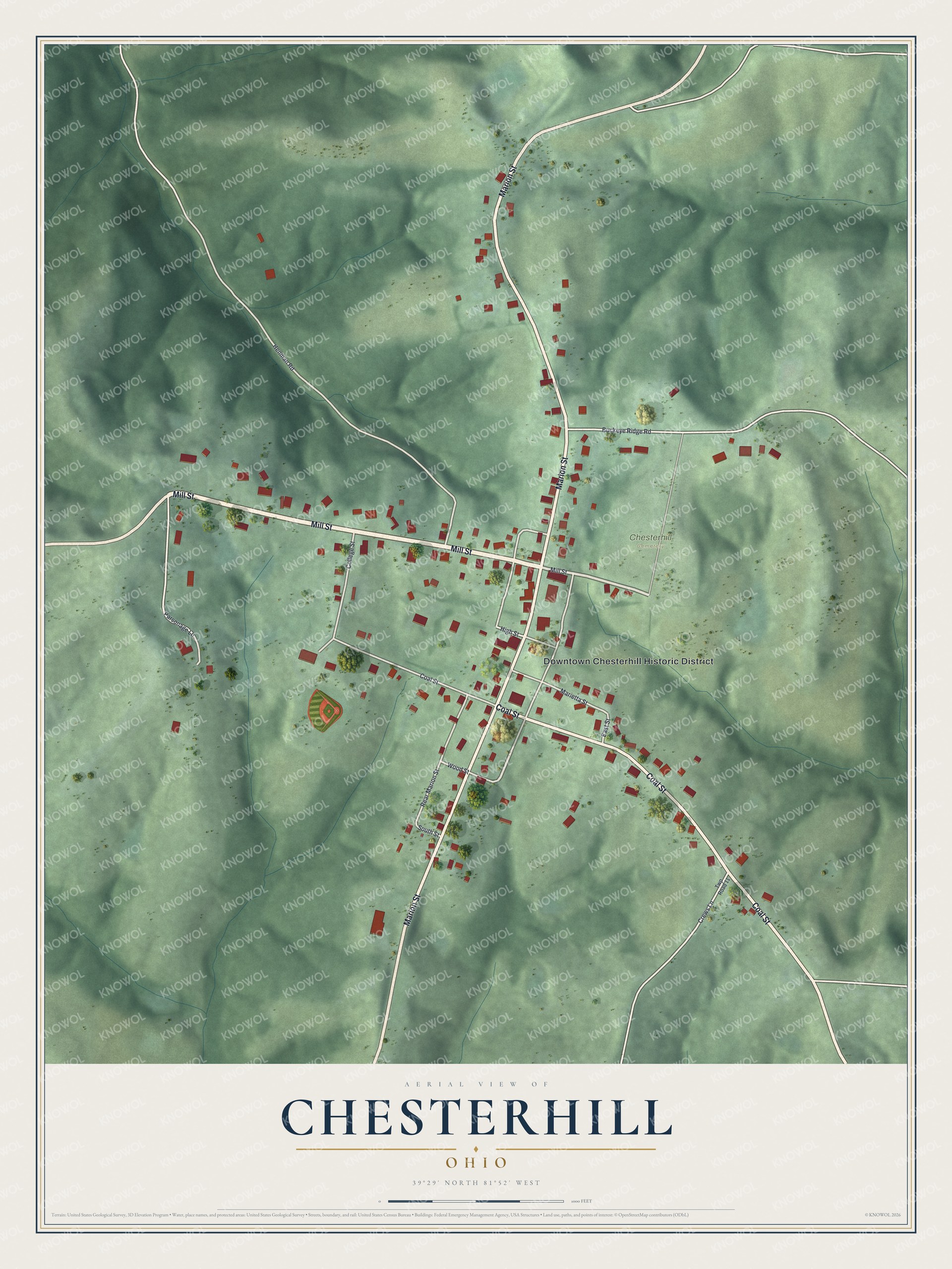 Full map of Chesterhill, Ohio, with red buildings, printed street names and the land around them