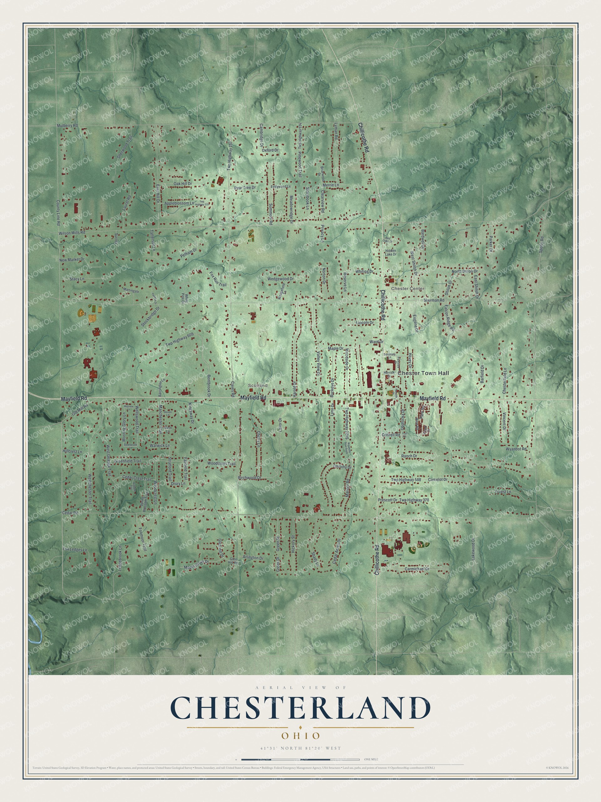Full map of Chesterland, Ohio, with red buildings, printed street names and the land around them
