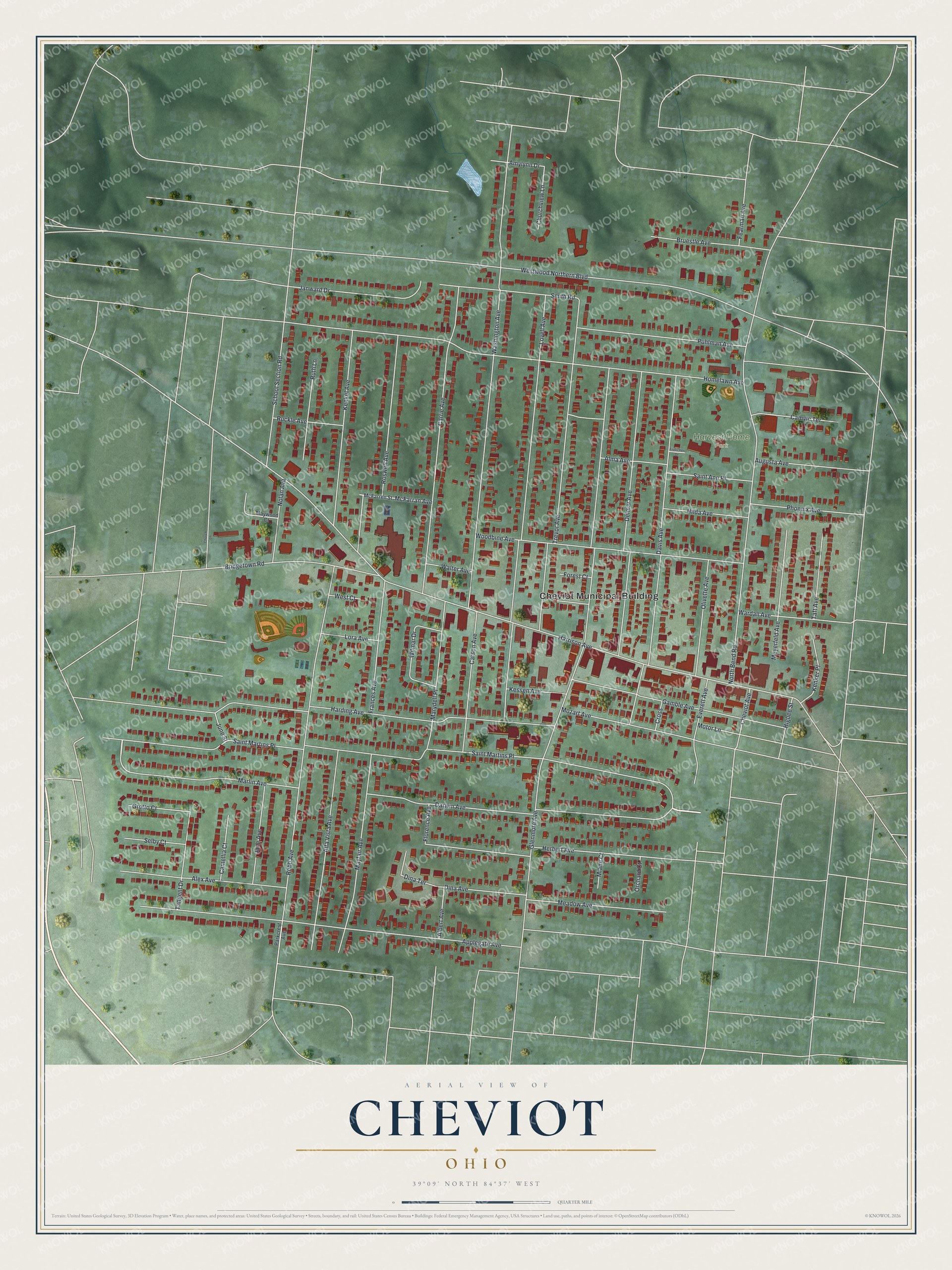 Full map of Cheviot, Ohio, with red buildings, printed street names and the land around them