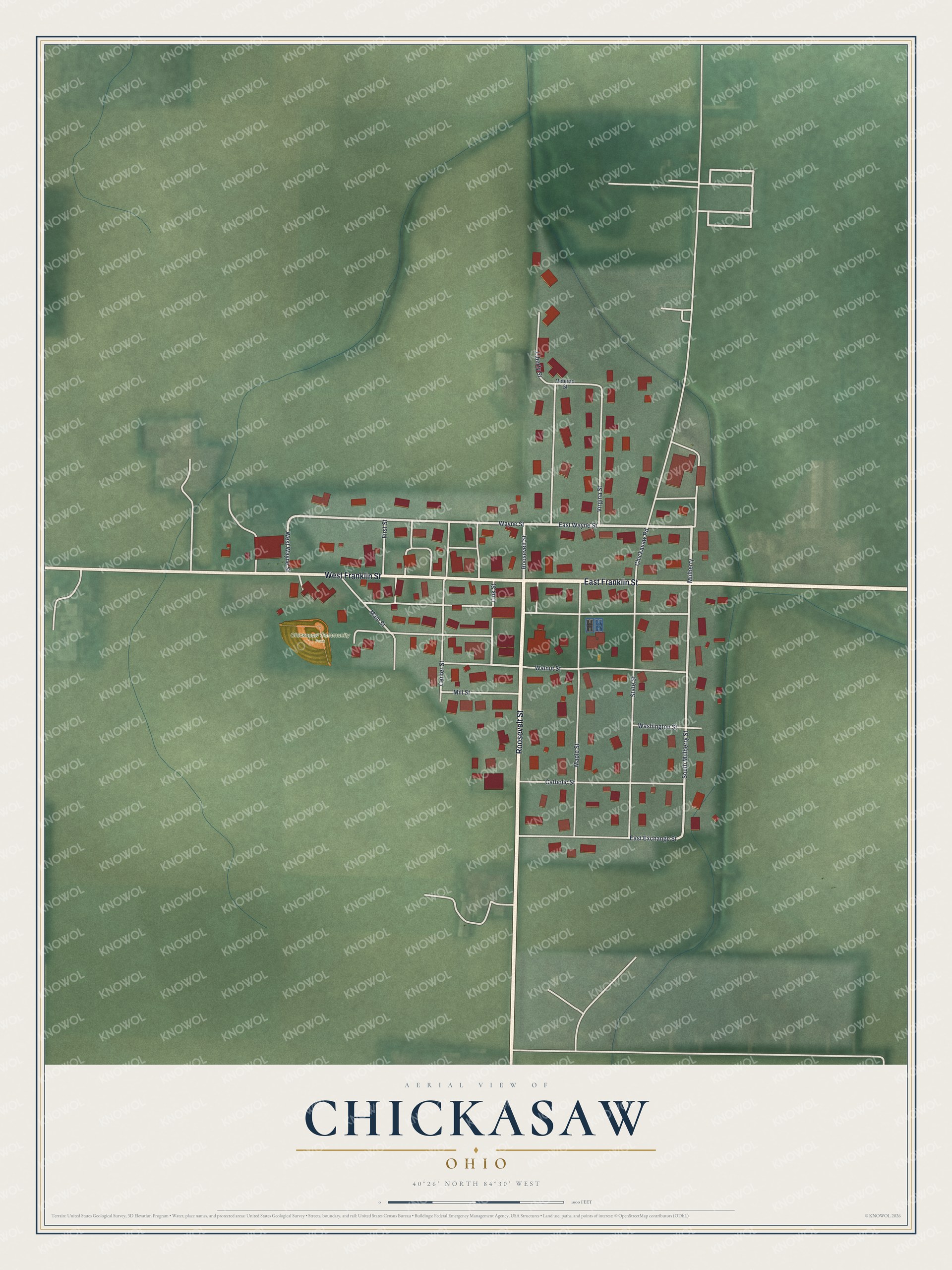 Full map of Chickasaw, Ohio, with red buildings, printed street names and the land around them
