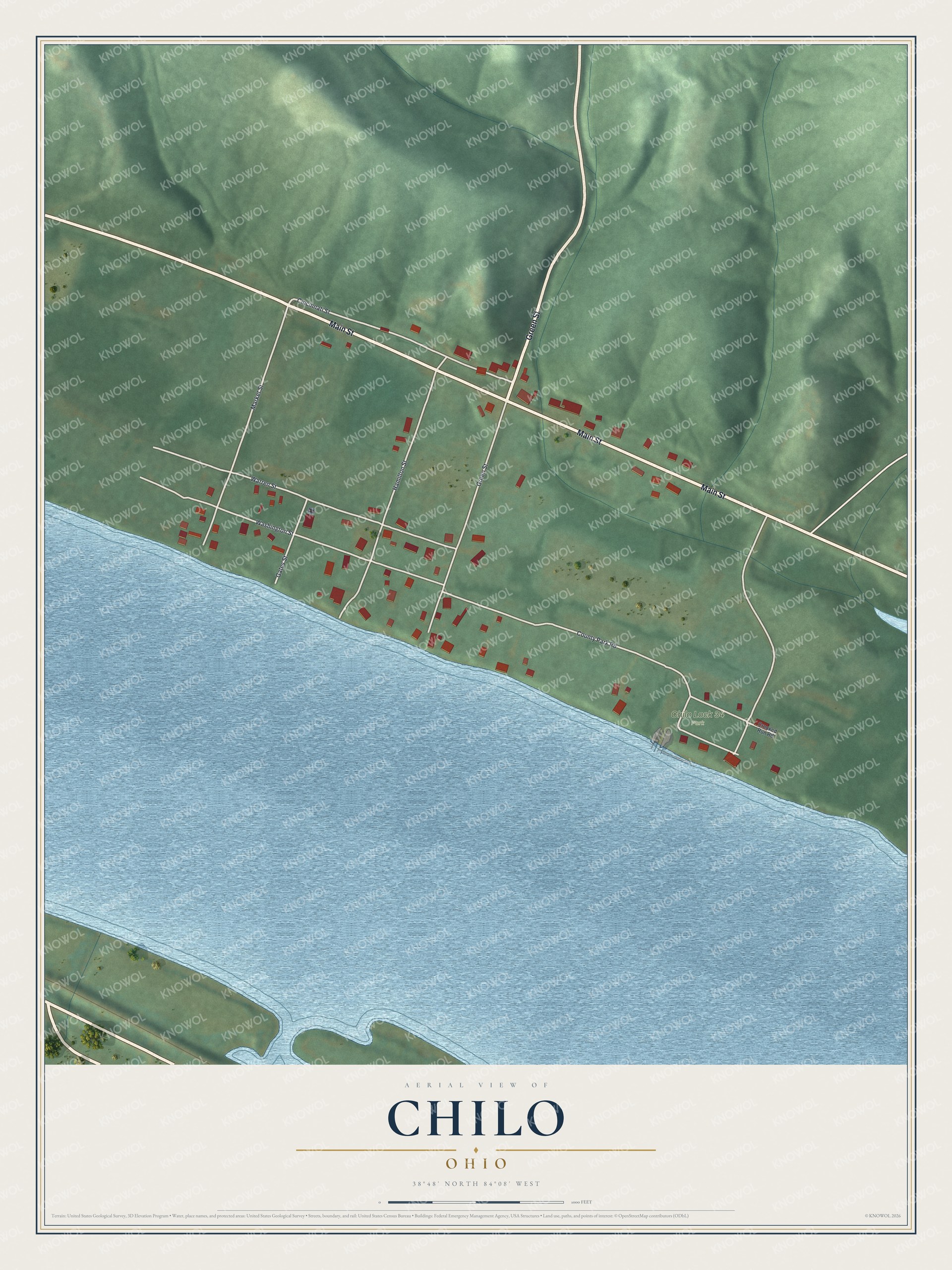 Full map of Chilo, Ohio, with red buildings, printed street names and the land around them