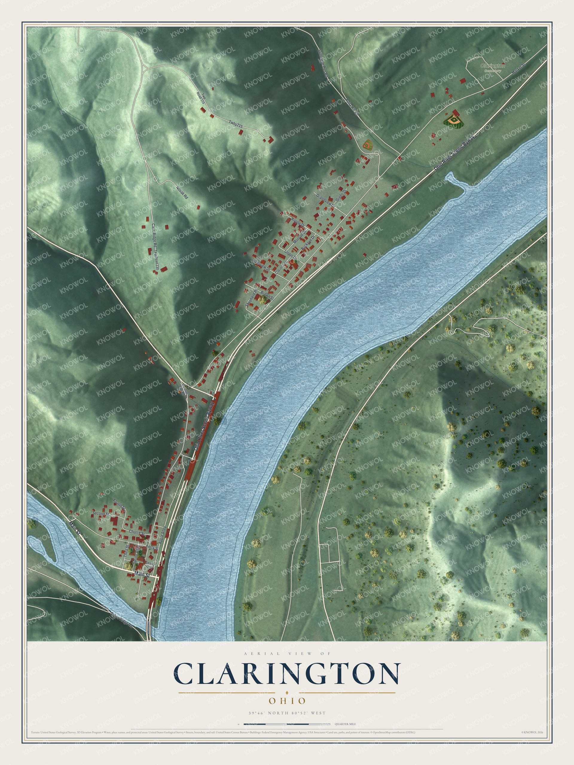 Full map of Clarington, Ohio, with red buildings, printed street names and the land around them