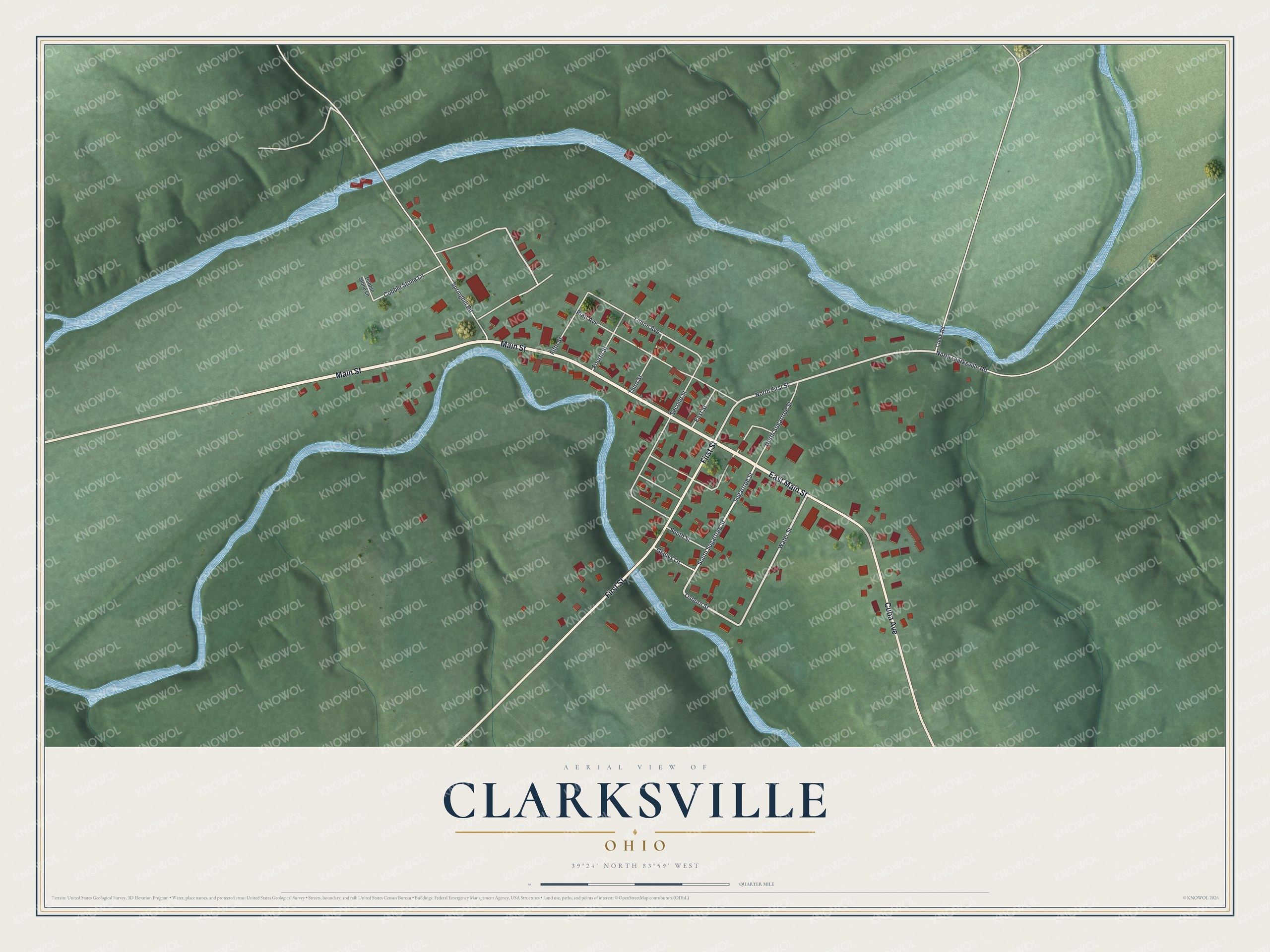 Full map of Clarksville, Ohio, with red buildings, printed street names and the land around them