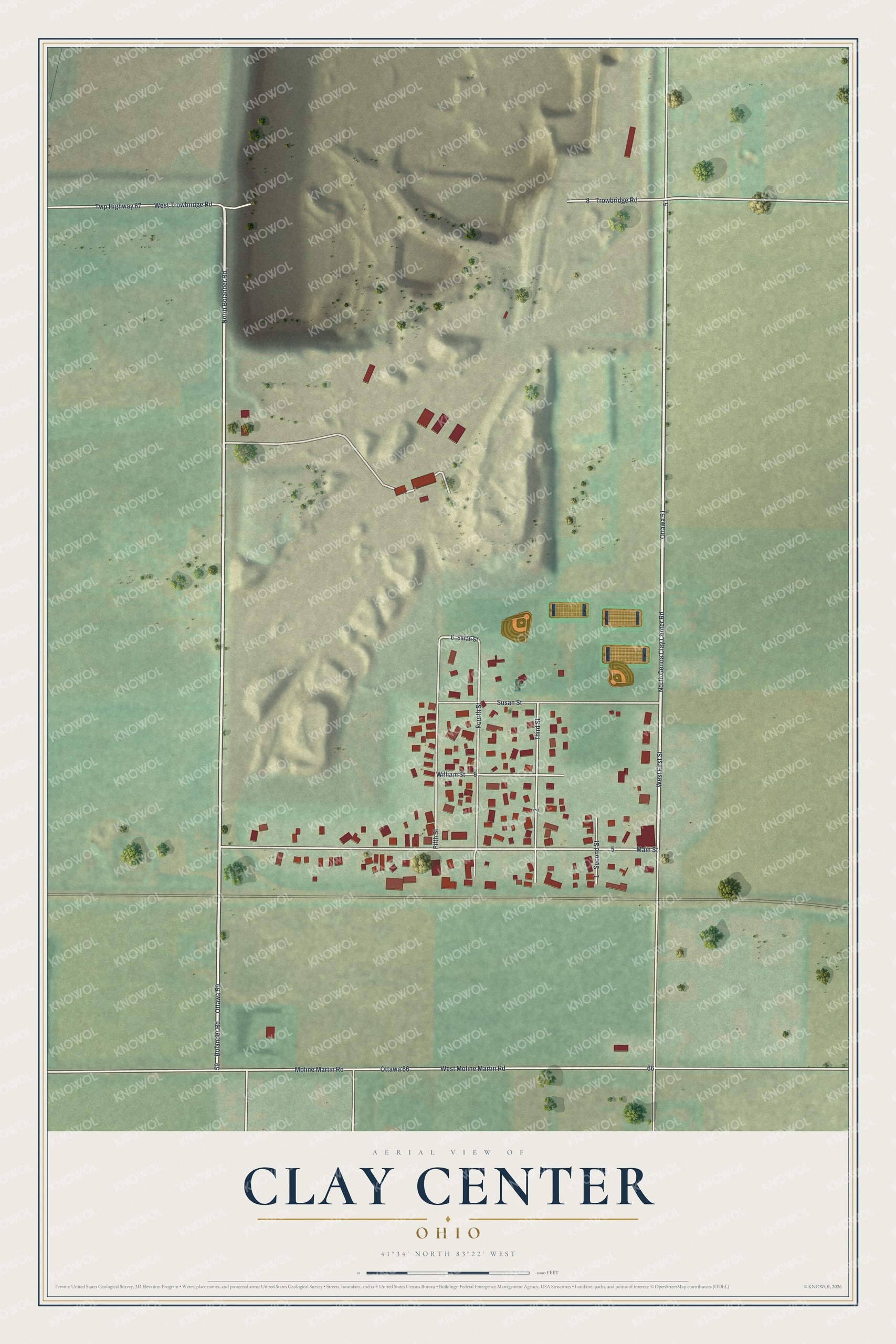 Full map of Clay Center, Ohio, with red buildings, printed street names and the land around them