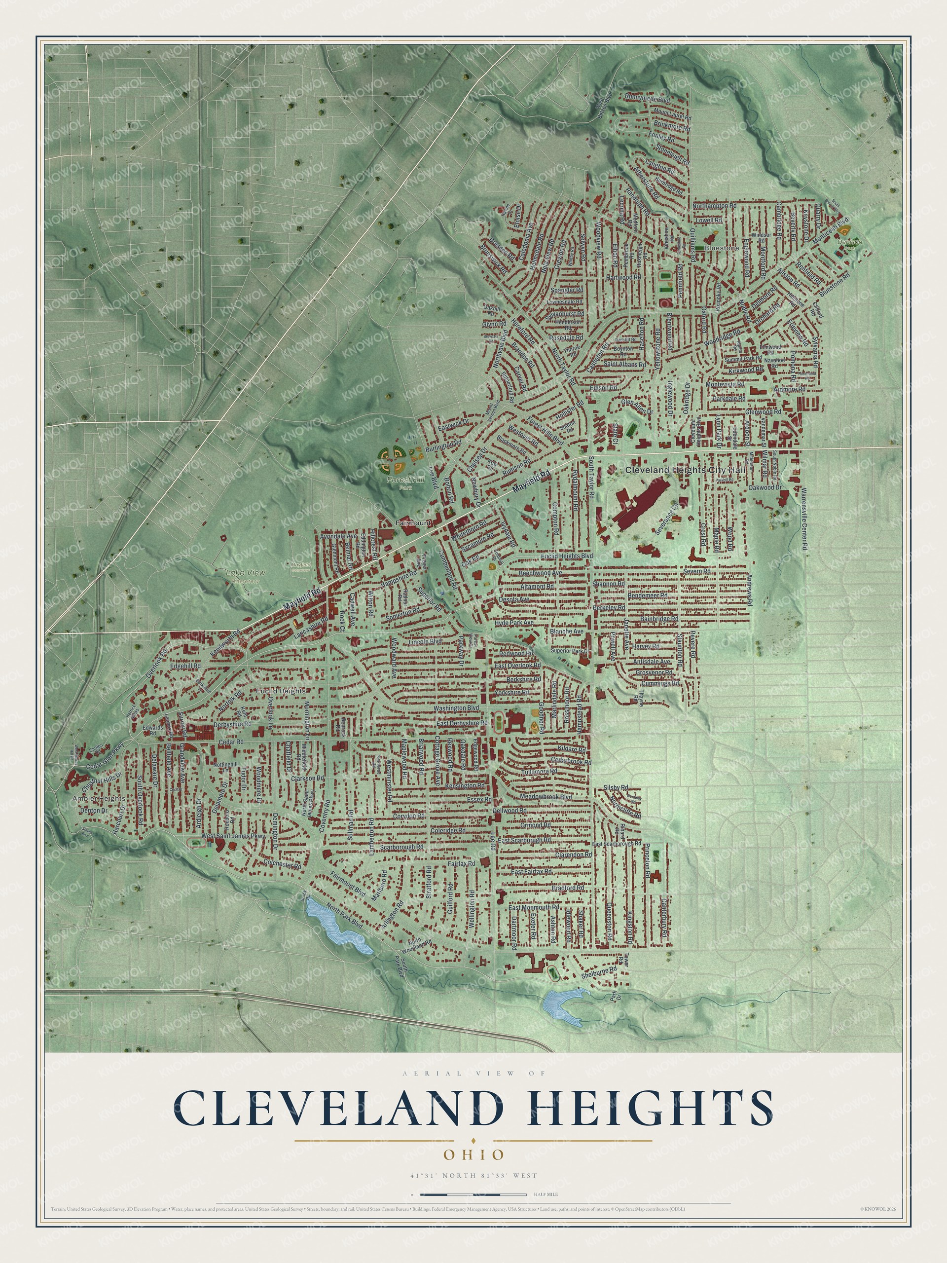 Full map of Cleveland Heights, Ohio, with red buildings, printed street names and the land around them