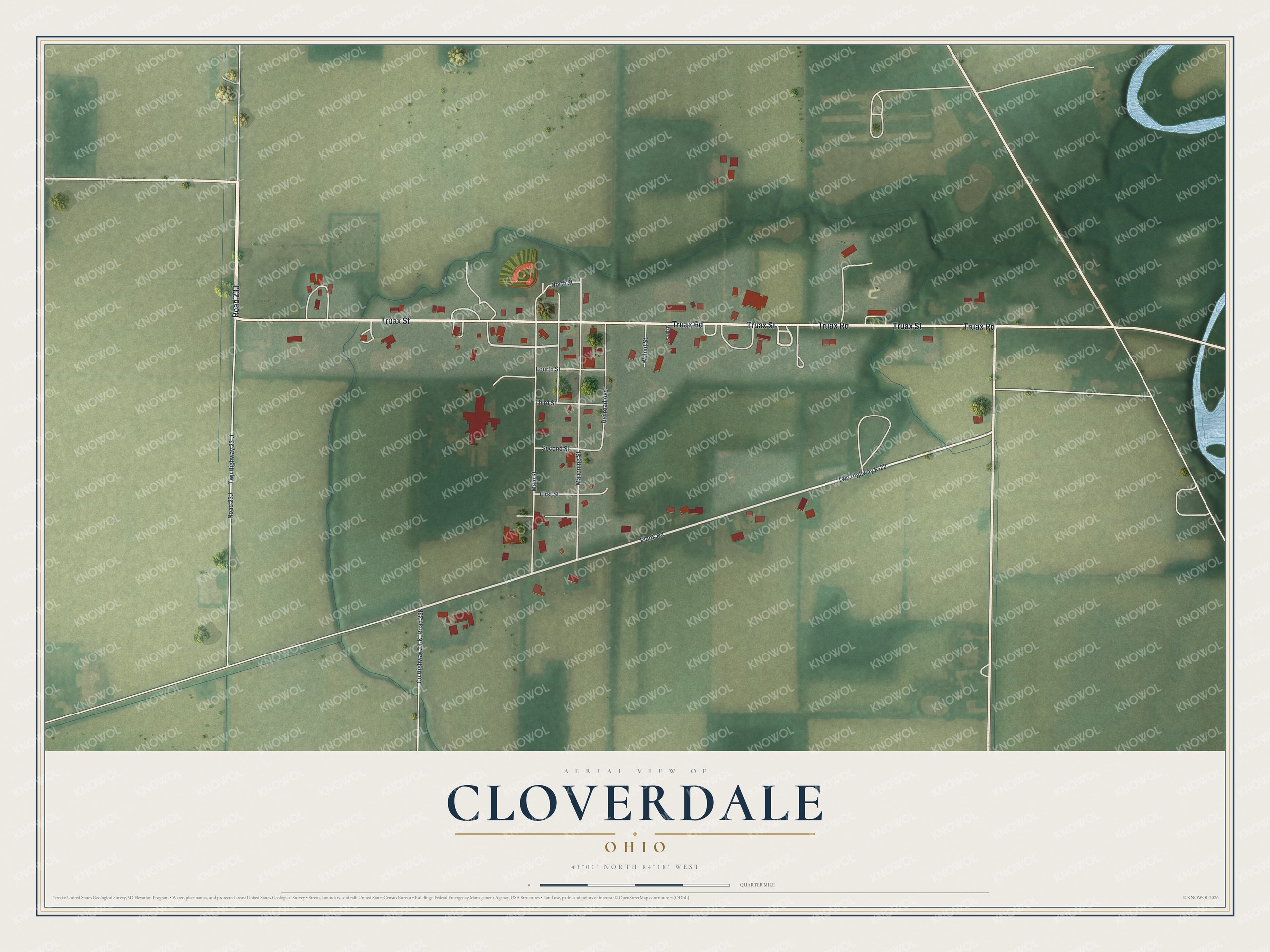 Full map of Cloverdale, Ohio, with red buildings, printed street names and the land around them