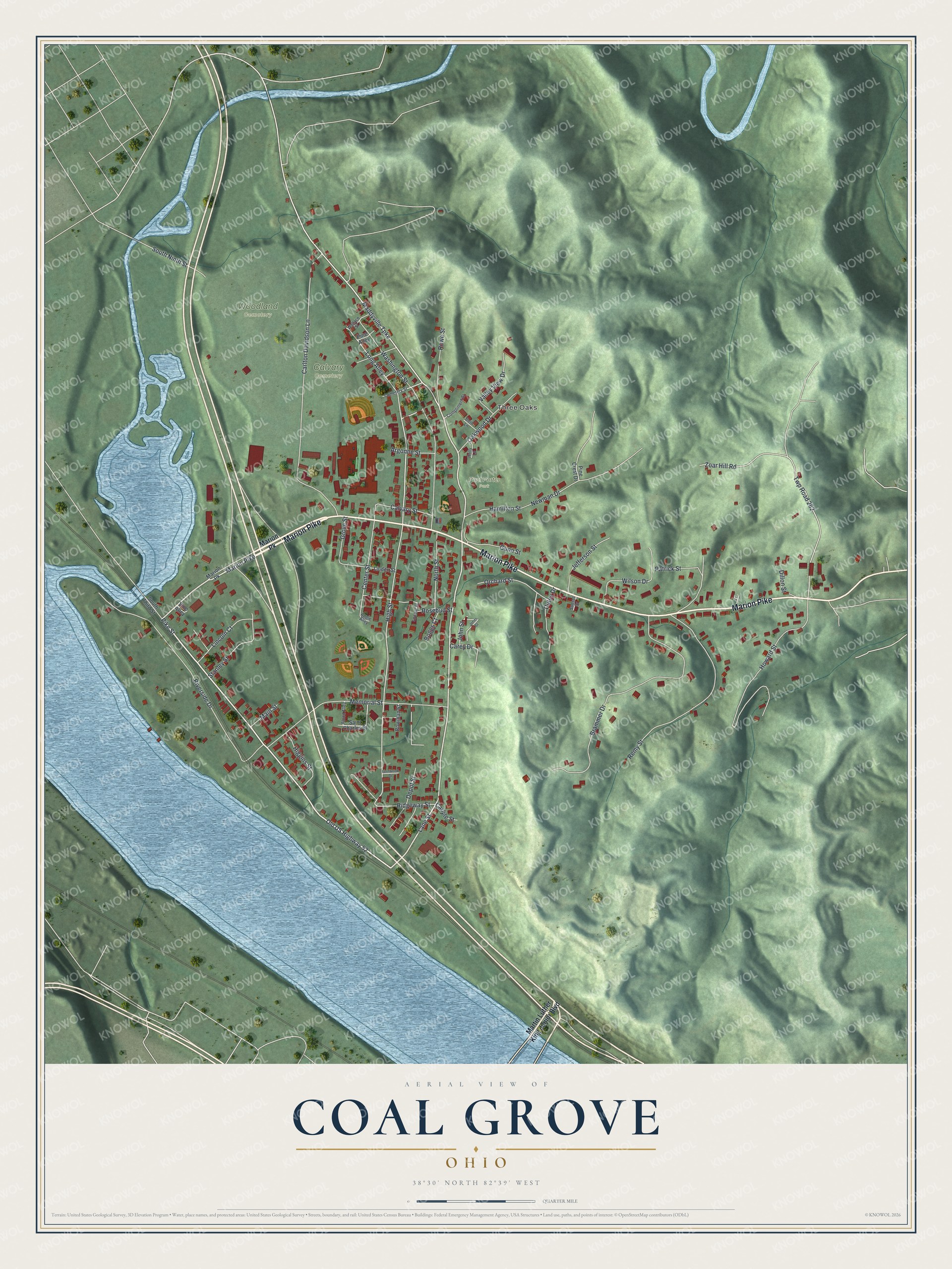 Full map of Coal Grove, Ohio, with red buildings, printed street names and the land around them