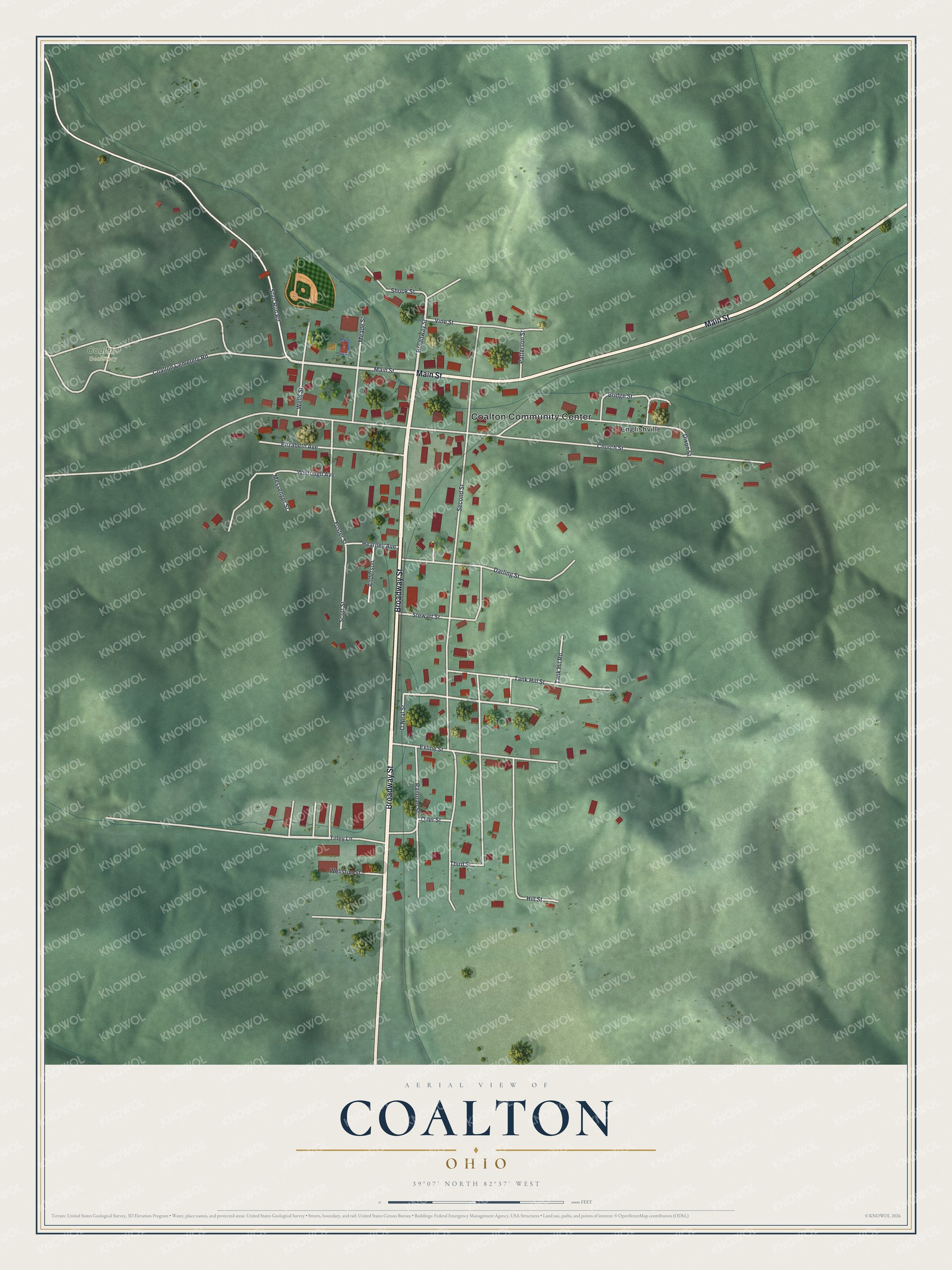 Full map of Coalton, Ohio, with red buildings, printed street names and the land around them