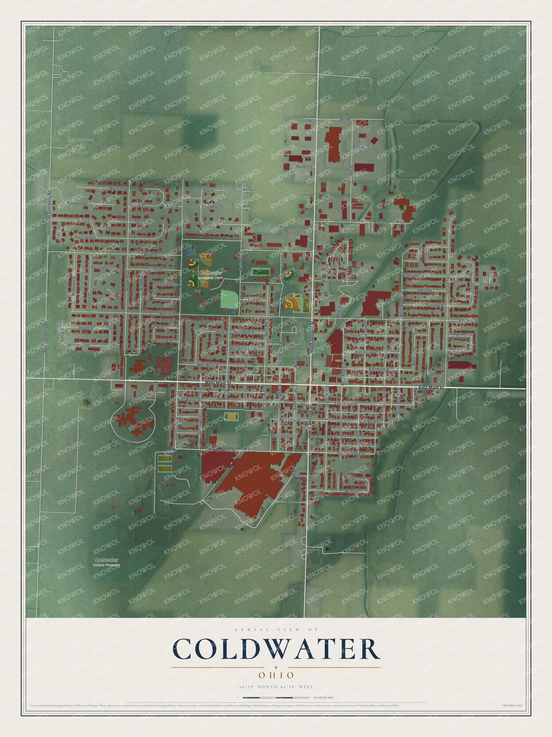Full map of Coldwater, Ohio, with red buildings, printed street names and the land around them
