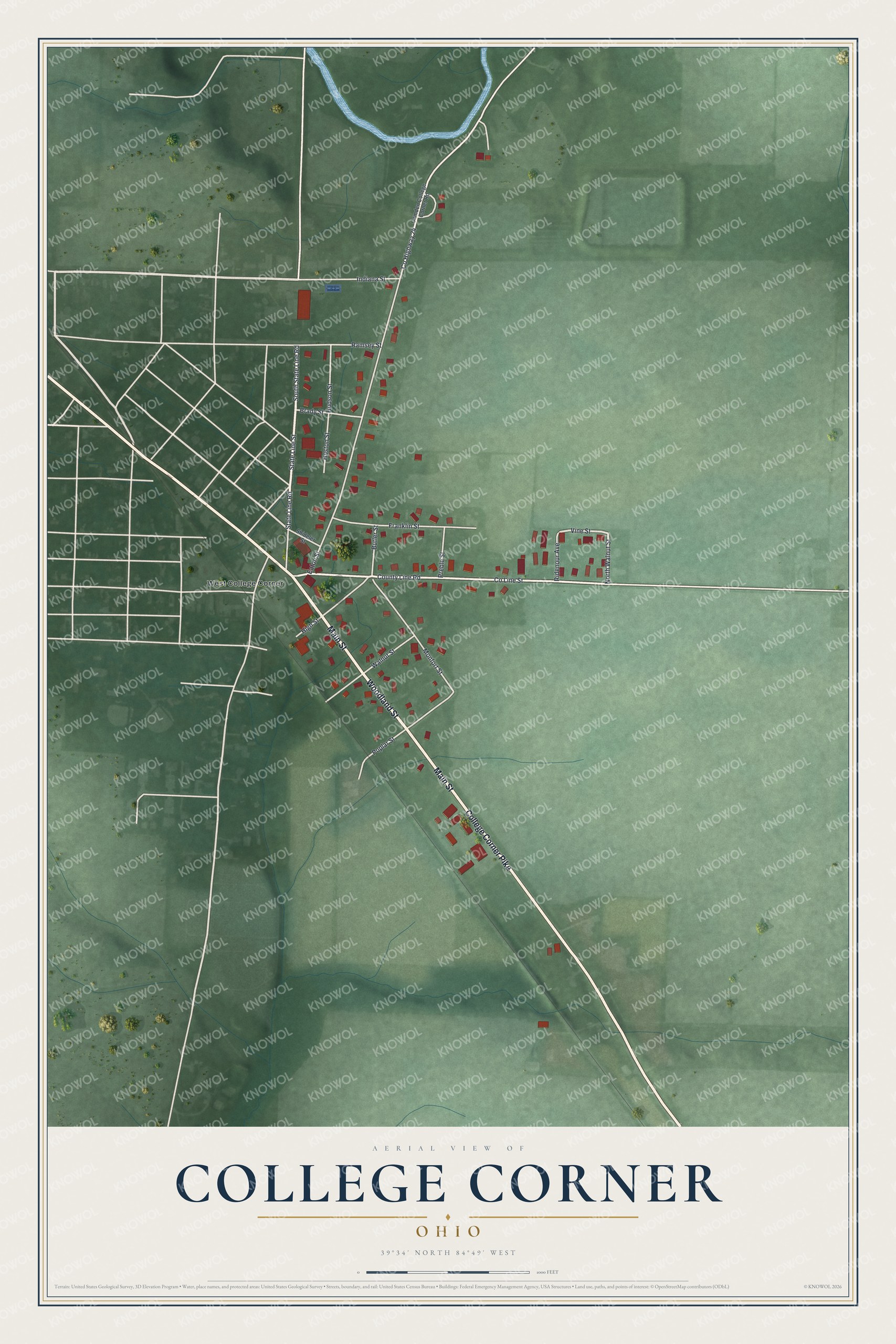 Full map of College Corner, Ohio, with red buildings, printed street names and the land around them