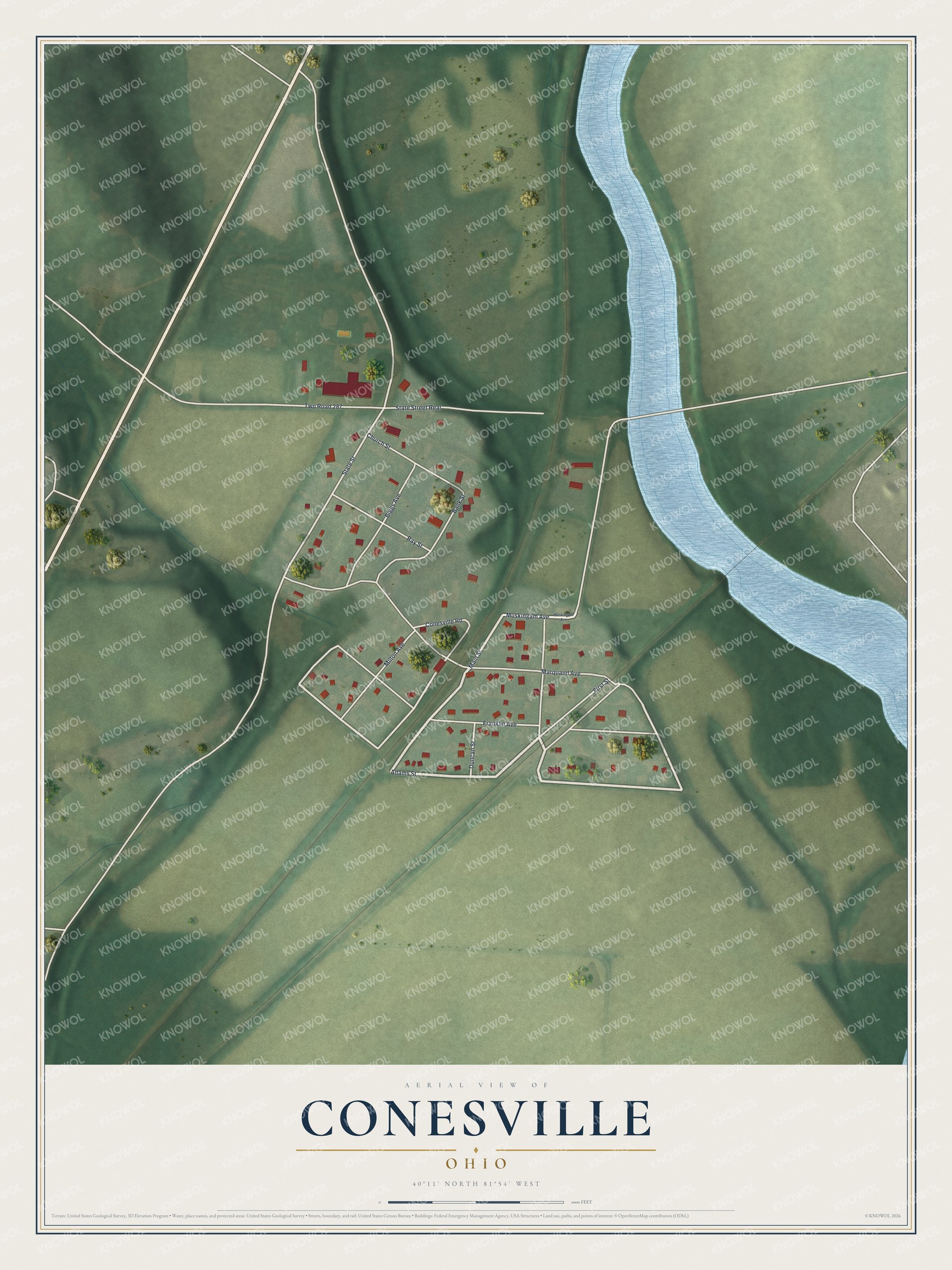 Full map of Conesville, Ohio, with red buildings, printed street names and the land around them