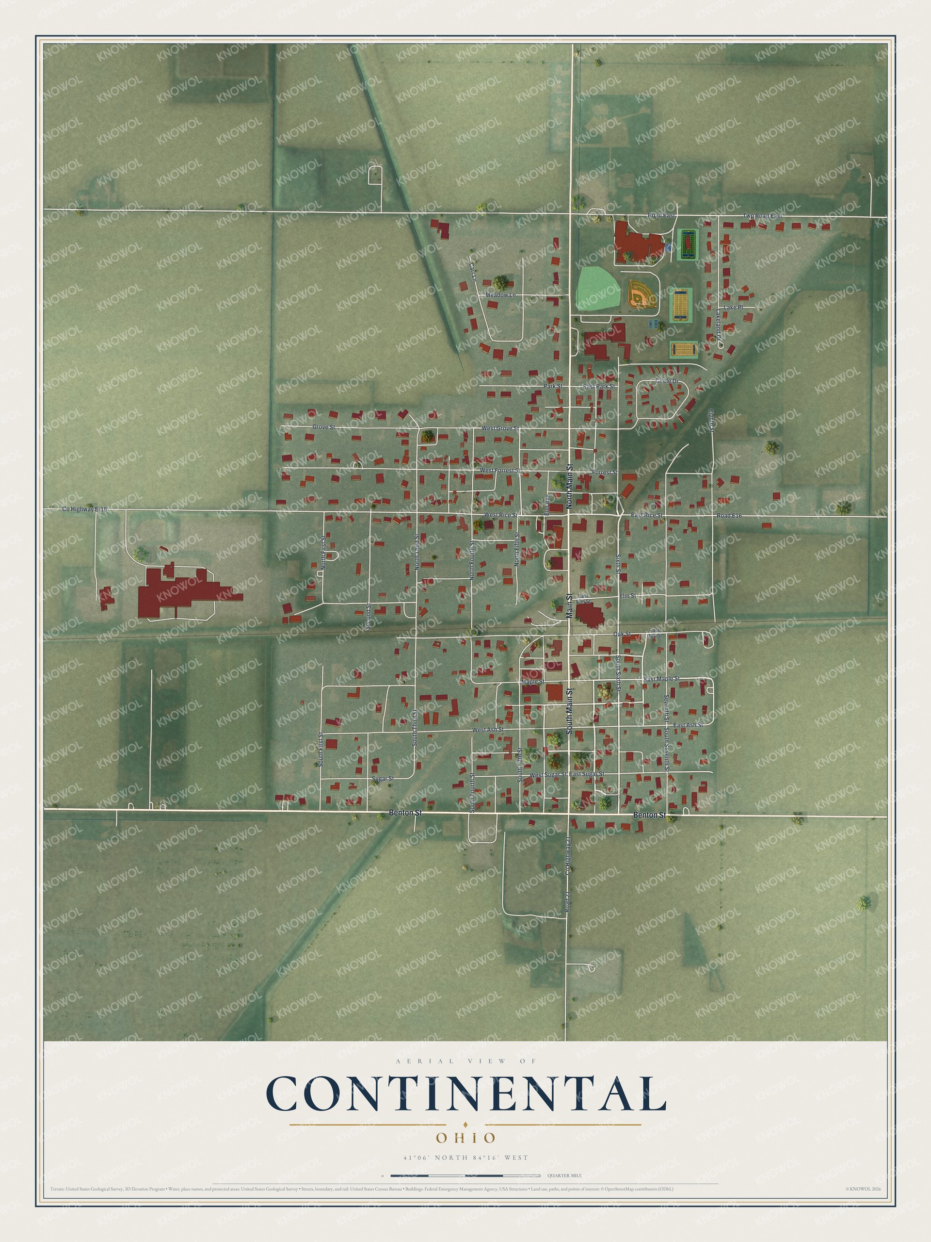 Full map of Continental, Ohio, with red buildings, printed street names and the land around them