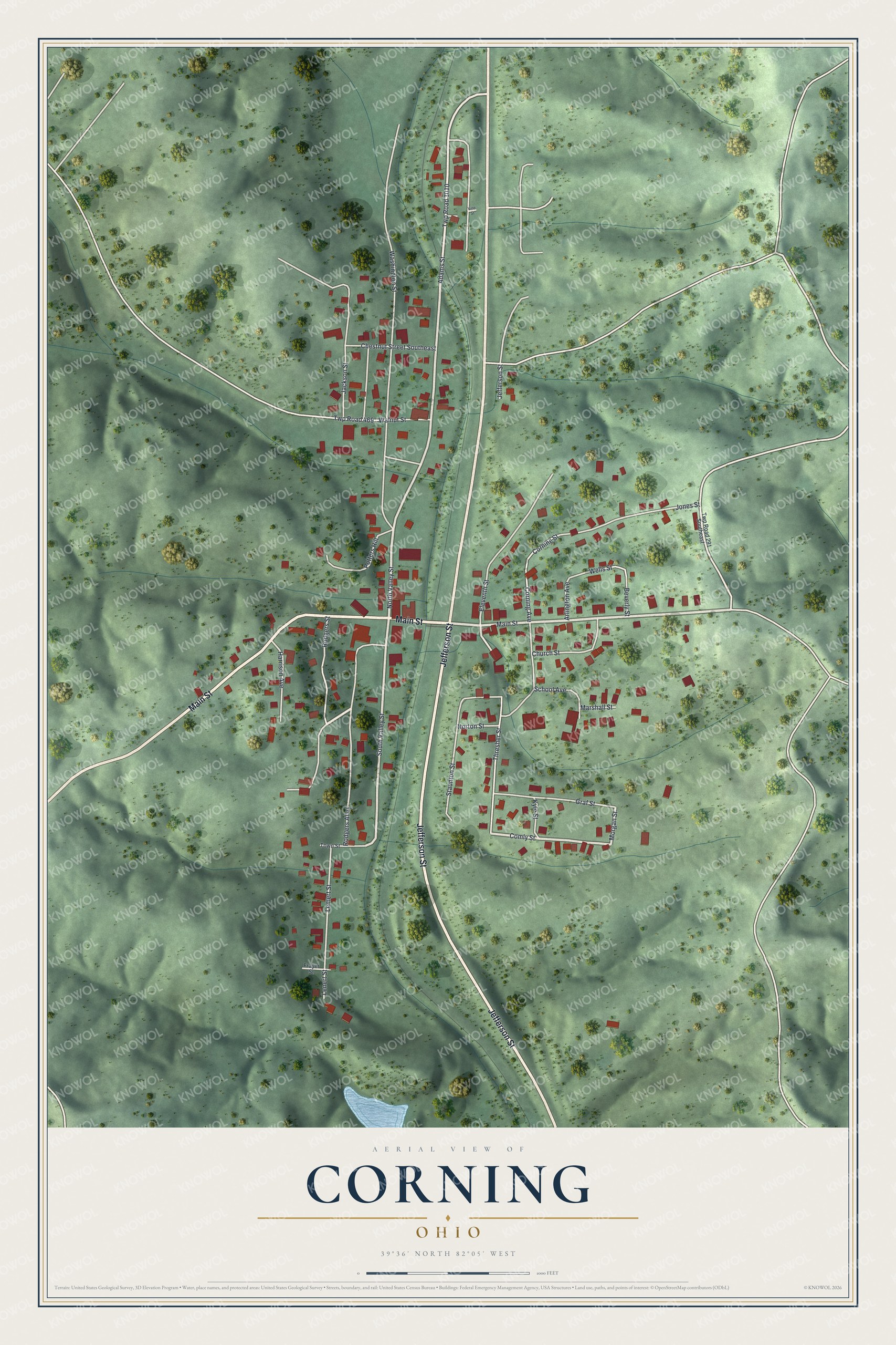 Full map of Corning, Ohio, with red buildings, printed street names and the land around them