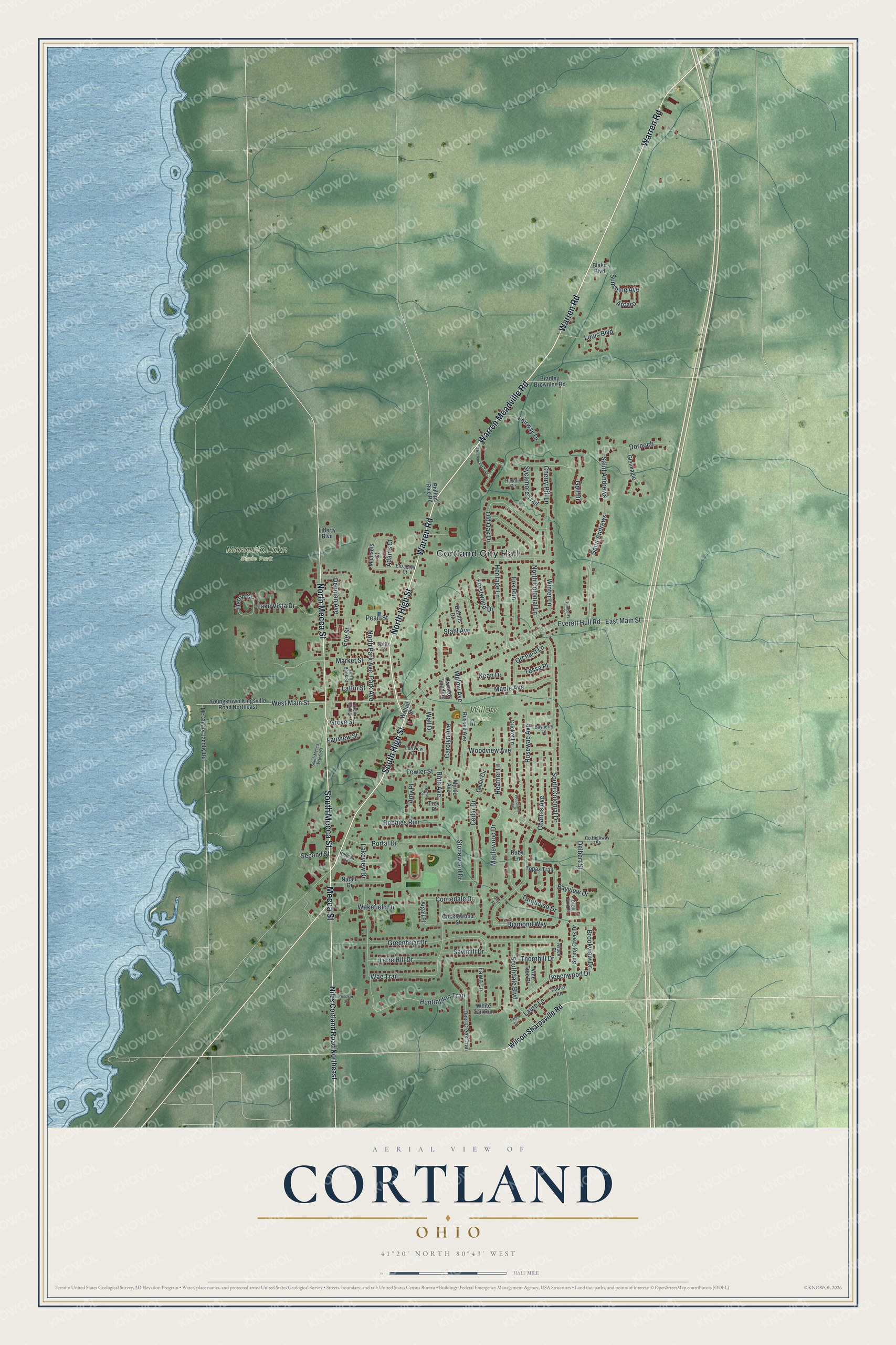 Full map of Cortland, Ohio, with red buildings, printed street names and the land around them