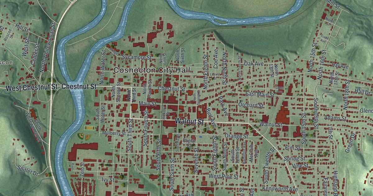 Map of Coshocton, Ohio in 2026