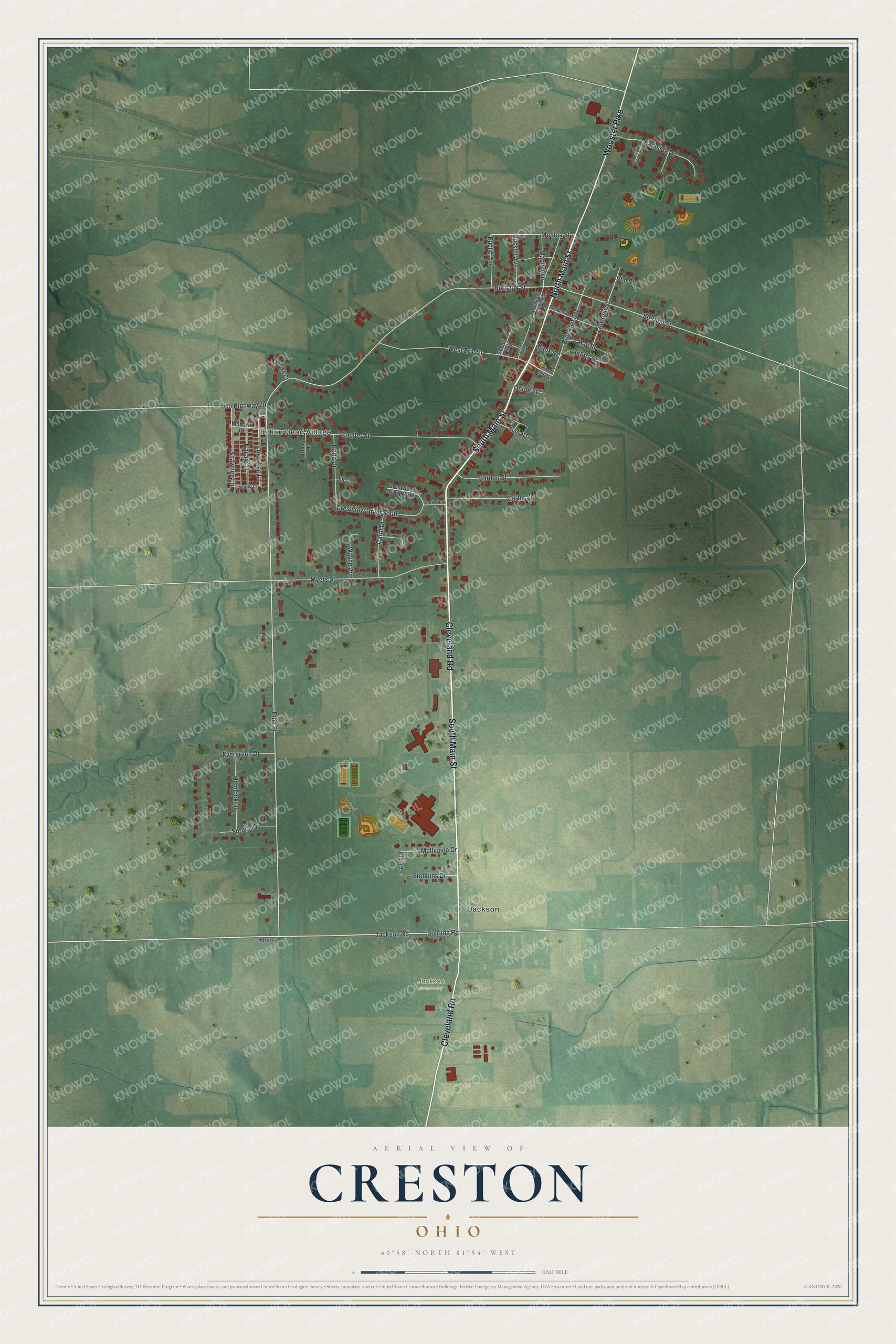 Full map of Creston, Ohio, with red buildings, printed street names and the land around them