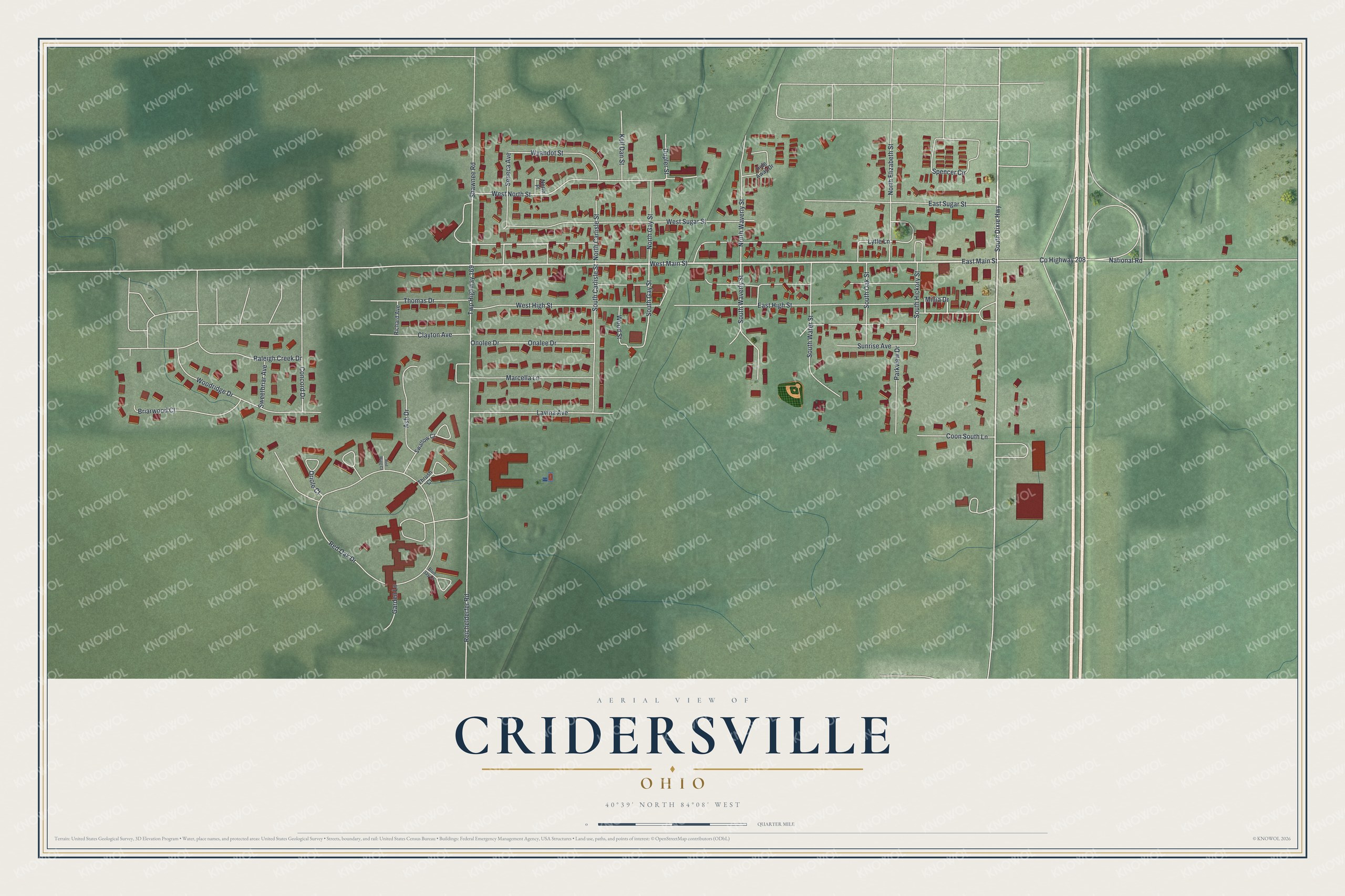 Full map of Cridersville, Ohio, with red buildings, printed street names and the land around them