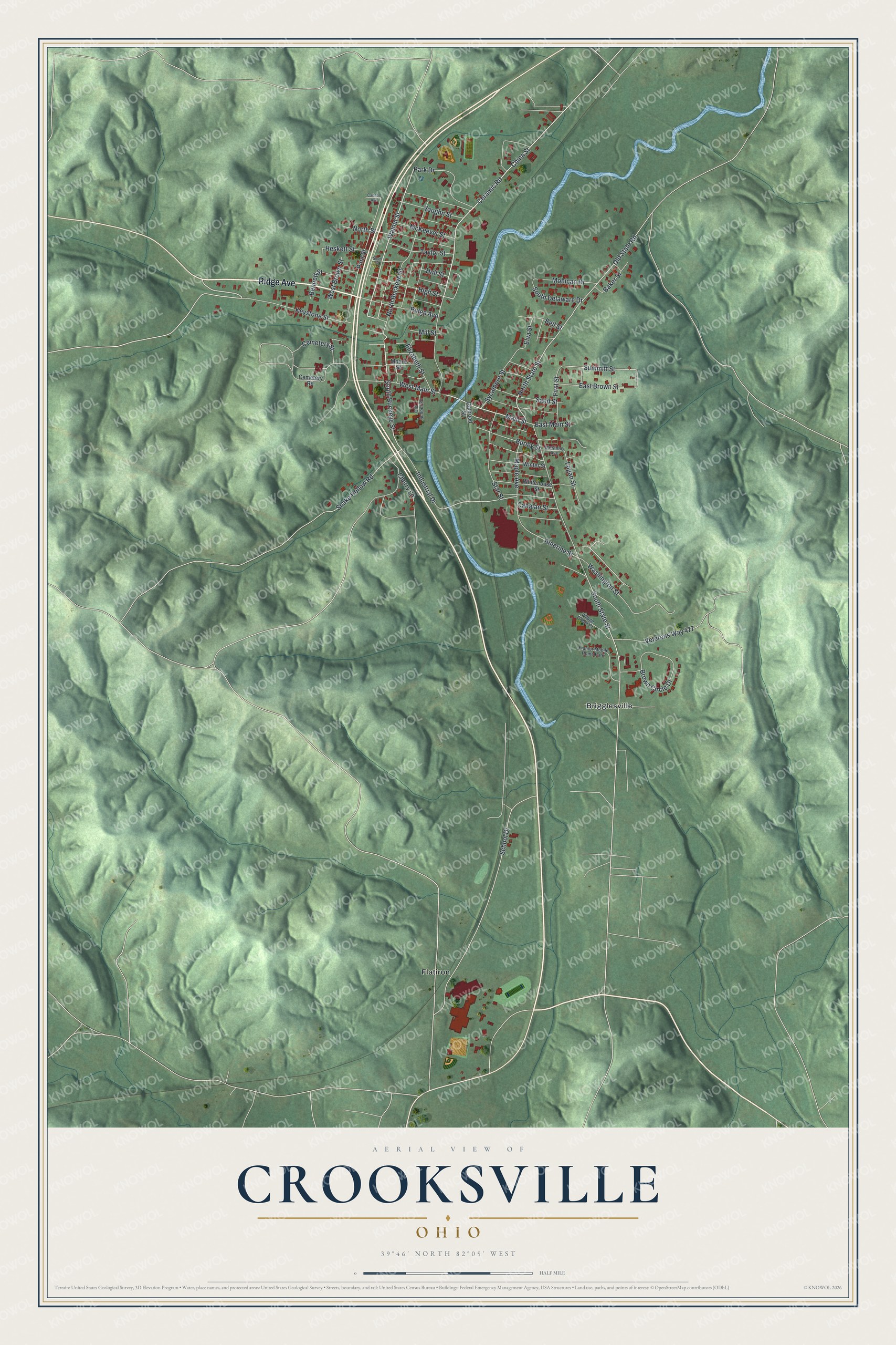 Full map of Crooksville, Ohio, with red buildings, printed street names and the land around them